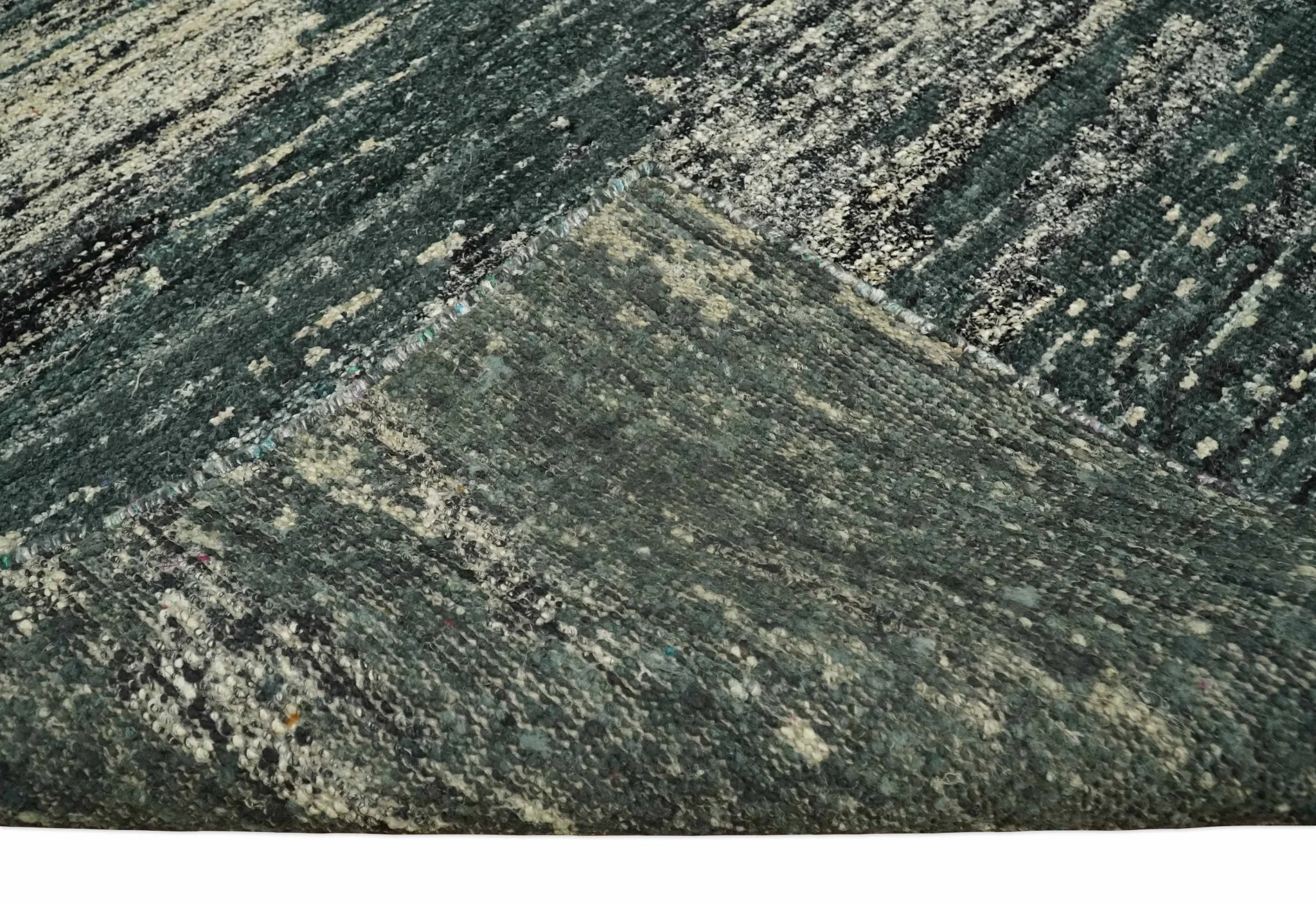 Hand Knotted 5x8 Ivory, moss green and Black Modern Abstract Contemporary Recycled Silk Area Rug | OP74 - Image 7