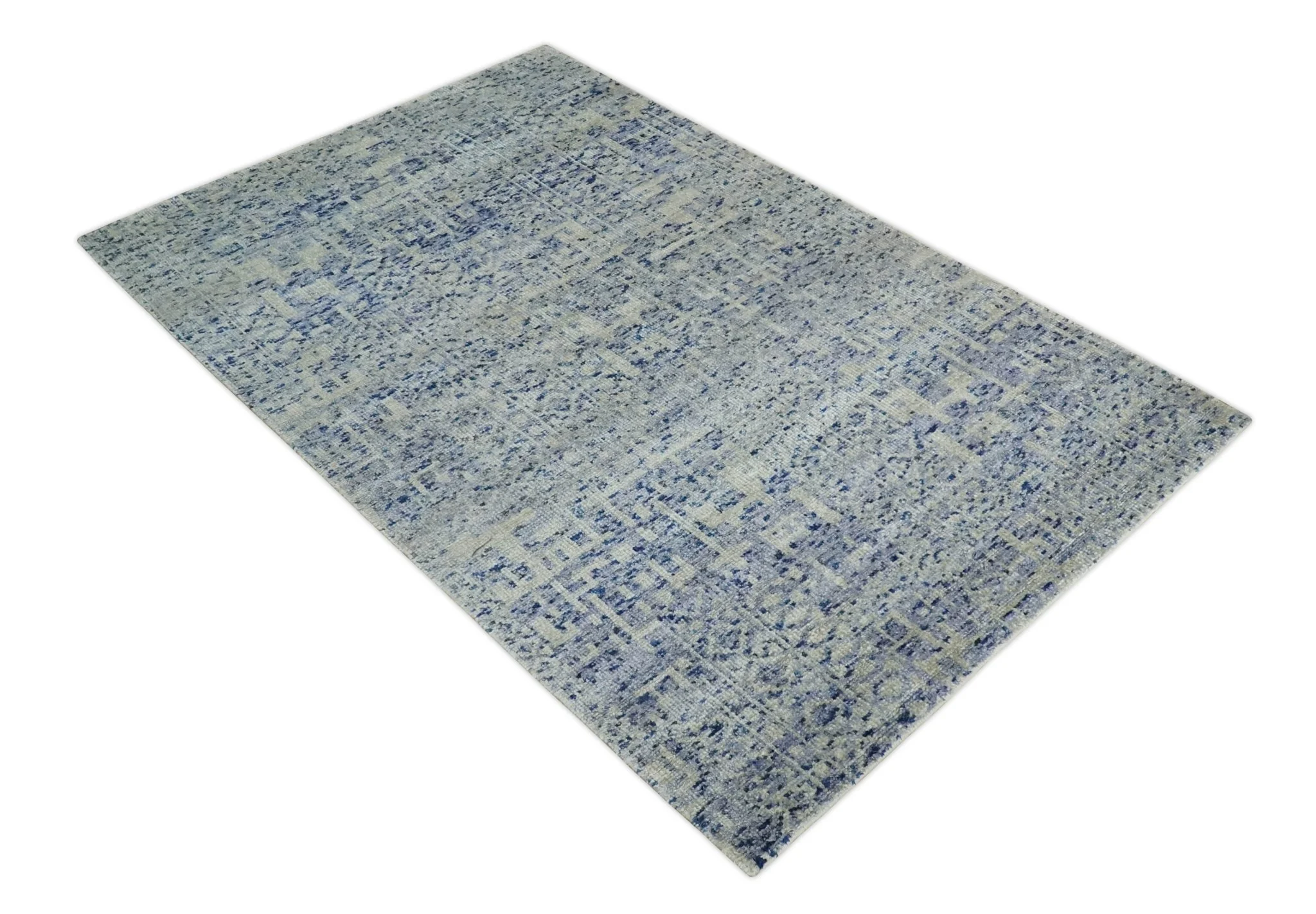 Hand Knotted 5x8 Ivory, Purple and Blue Modern Contemporary Southwestern Tribal Trellis Recycled Silk Area Rug | OP104 - Image 10