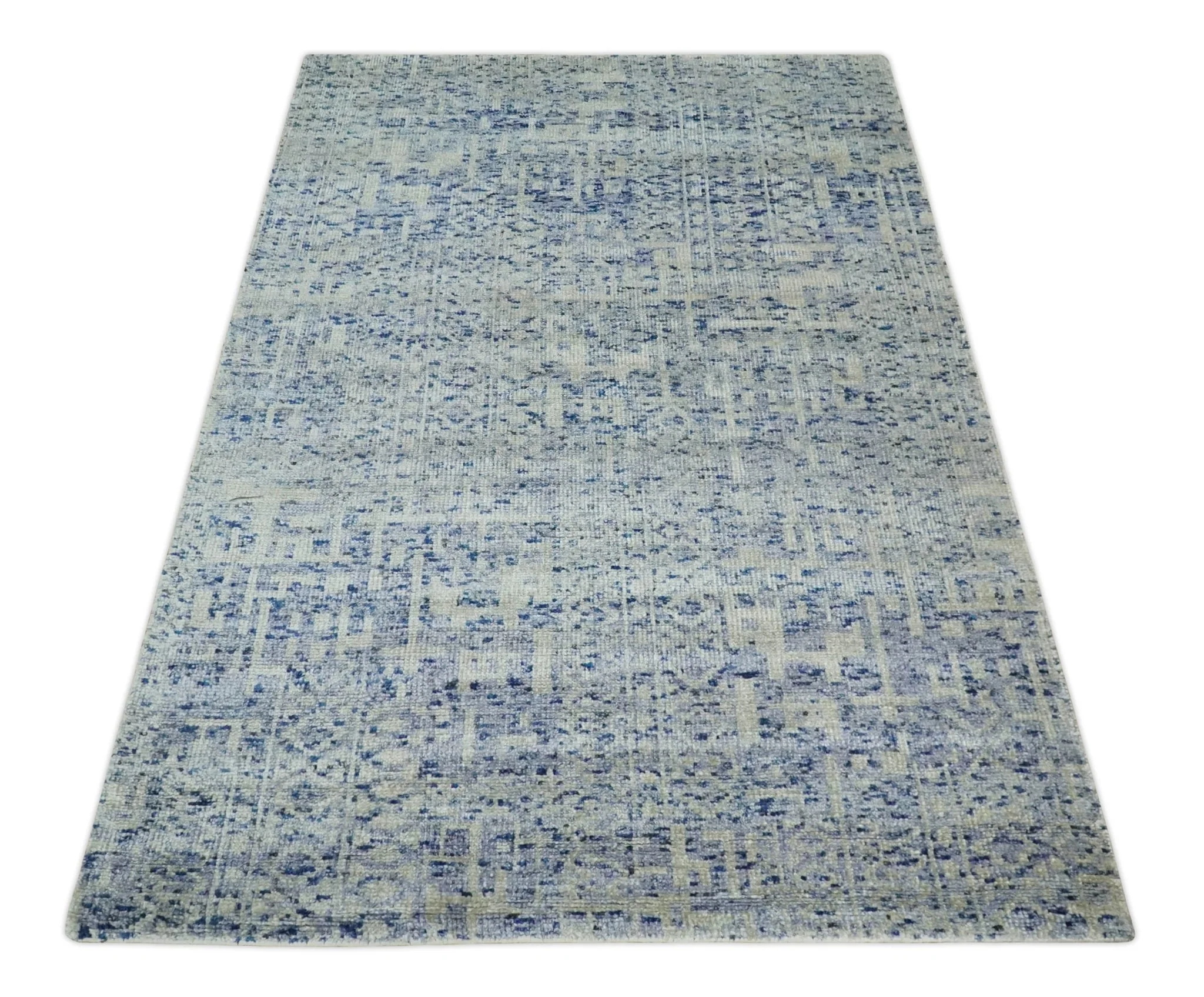 Hand Knotted 5x8 Ivory, Purple and Blue Modern Contemporary Southwestern Tribal Trellis Recycled Silk Area Rug | OP104 - Image 11