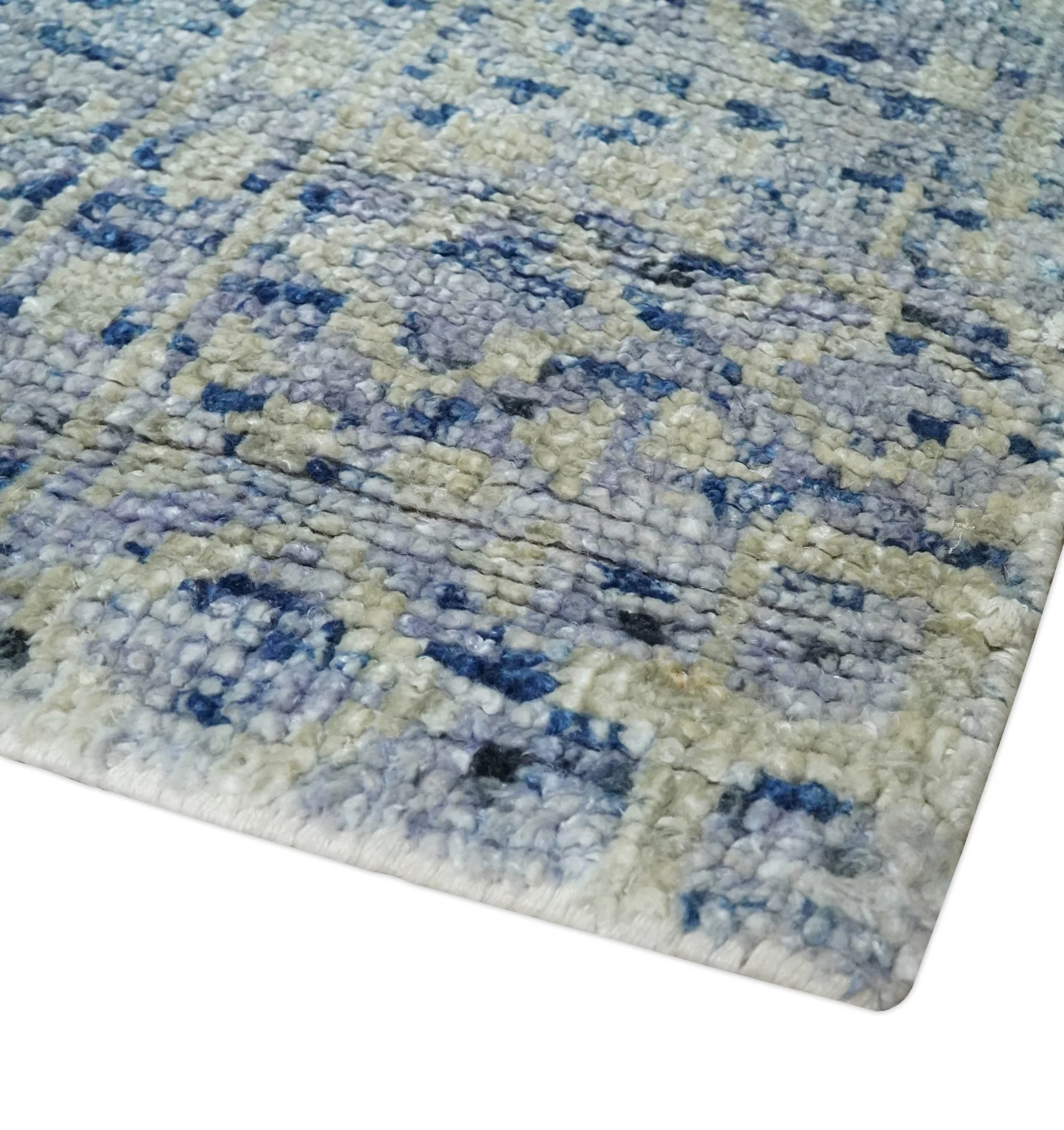 Hand Knotted 5x8 Ivory, Purple and Blue Modern Contemporary Southwestern Tribal Trellis Recycled Silk Area Rug | OP104 - Image 5