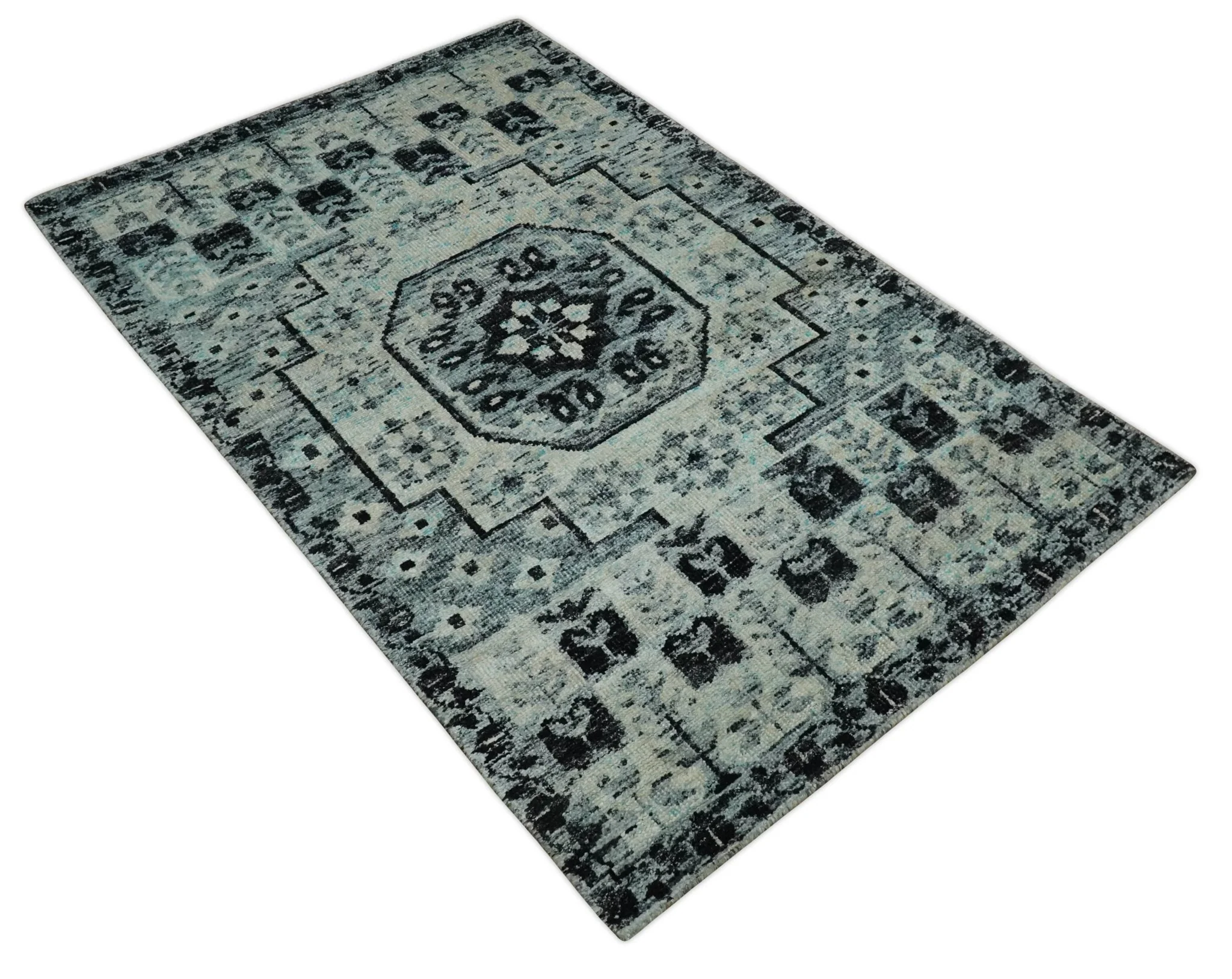 Hand Knotted 5x8 Ivory, Silver and Black Antique Persian Geometric Style Contemporary Bamboo Silk Area Rug | OP110 - Image 10
