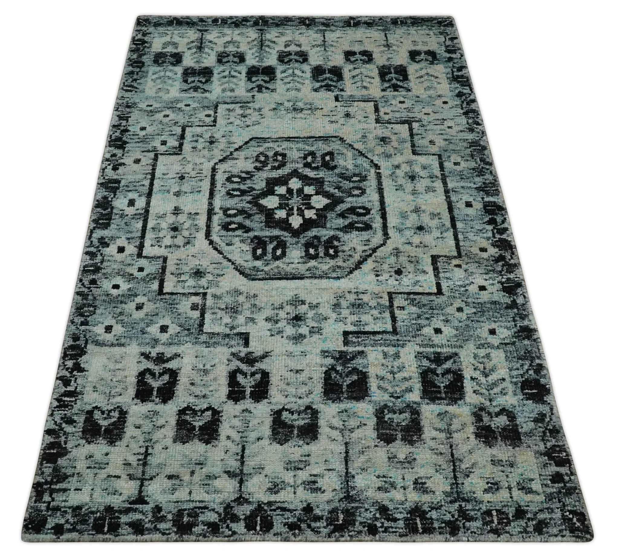 Hand Knotted 5x8 Ivory, Silver and Black Antique Persian Geometric Style Contemporary Bamboo Silk Area Rug | OP110 - Image 11
