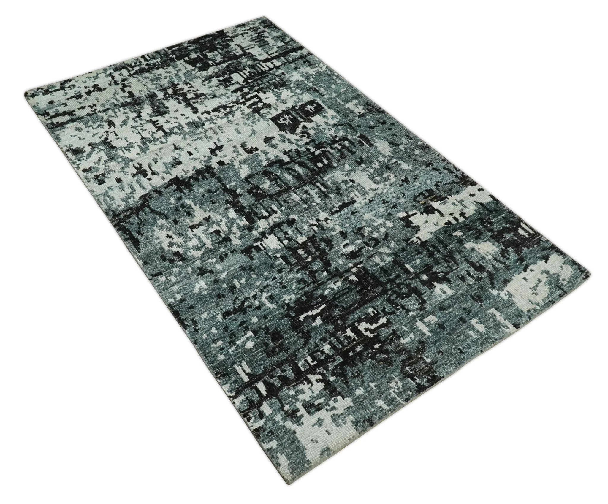 Hand Knotted 5x8 Ivory, Teal and Black Modern Abstract Contemporary Recycled Silk Area Rug | OP91 - Image 10