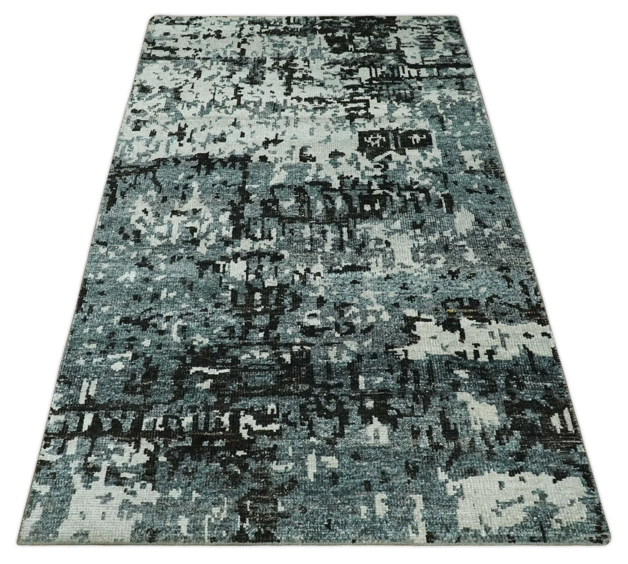Hand Knotted 5x8 Ivory, Teal and Black Modern Abstract Contemporary Recycled Silk Area Rug | OP91 - Image 11