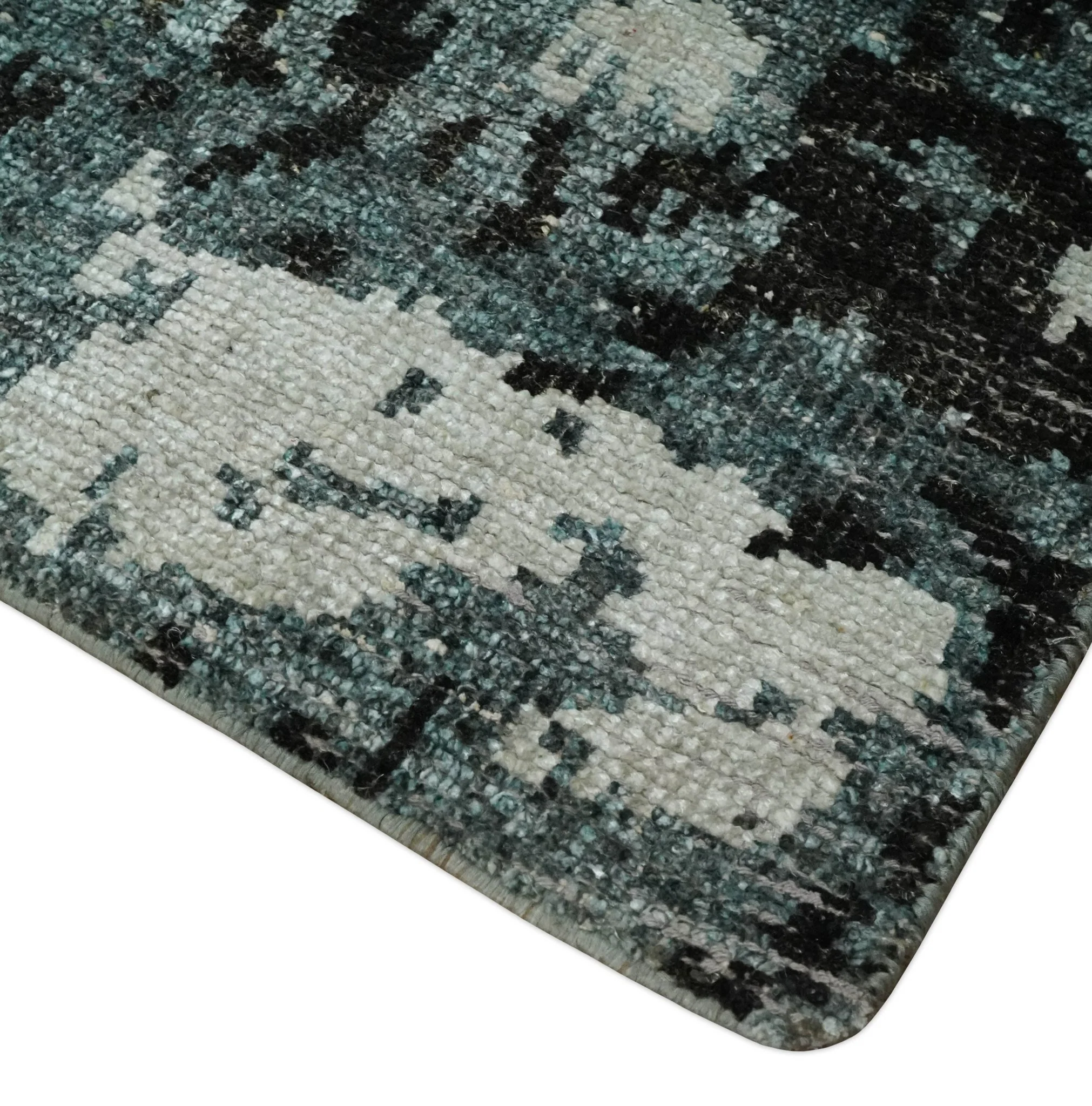 Hand Knotted 5x8 Ivory, Teal and Black Modern Abstract Contemporary Recycled Silk Area Rug | OP91 - Image 3