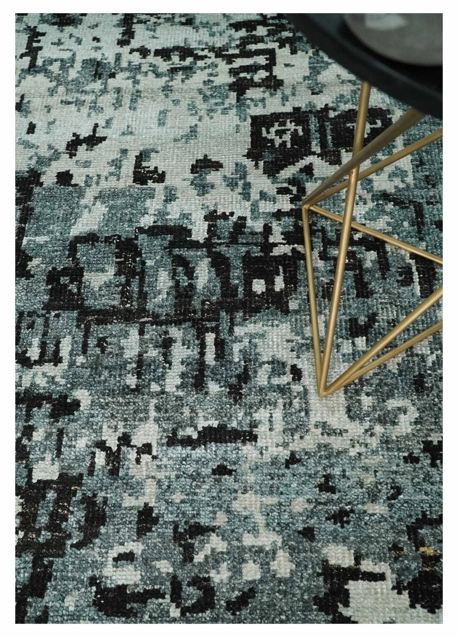 Hand Knotted 5x8 Ivory, Teal and Black Modern Abstract Contemporary Recycled Silk Area Rug | OP91 - Image 4