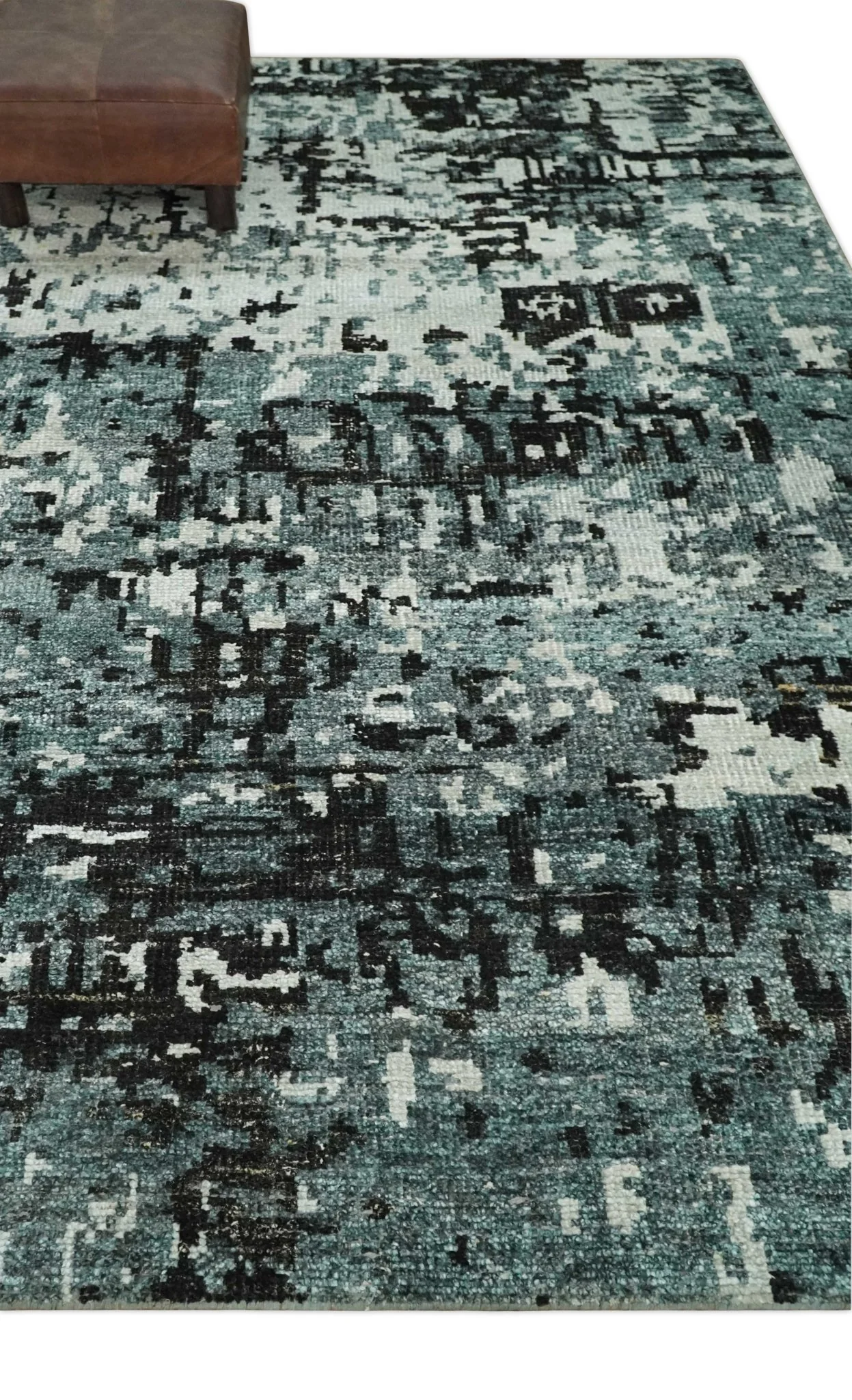Hand Knotted 5x8 Ivory, Teal and Black Modern Abstract Contemporary Recycled Silk Area Rug | OP91 - Image 5