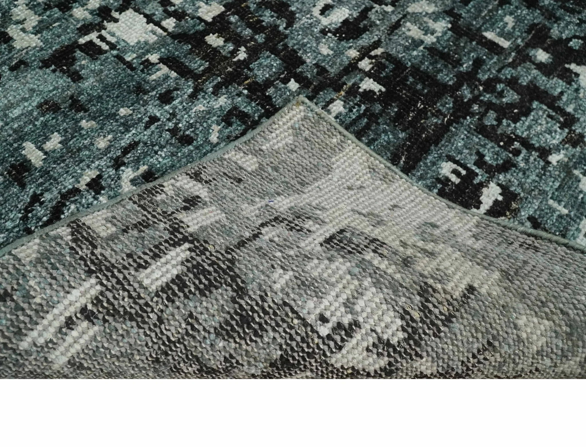 Hand Knotted 5x8 Ivory, Teal and Black Modern Abstract Contemporary Recycled Silk Area Rug | OP91 - Image 7