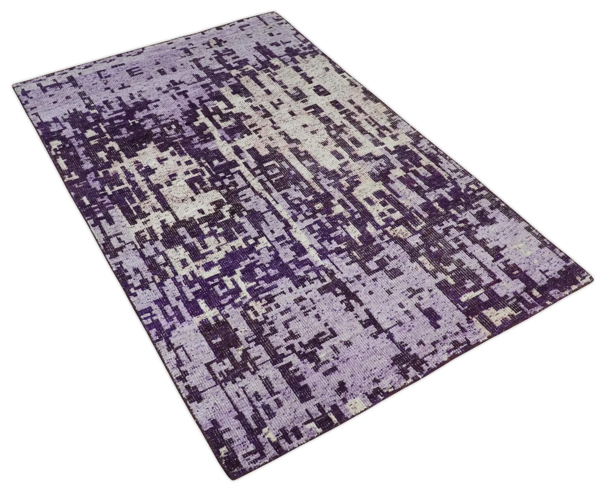 Hand Knotted 5x8 Purple, Violet and Ivory Modern Abstract Contemporary Recycled Silk Area Rug | OP131 - Image 10