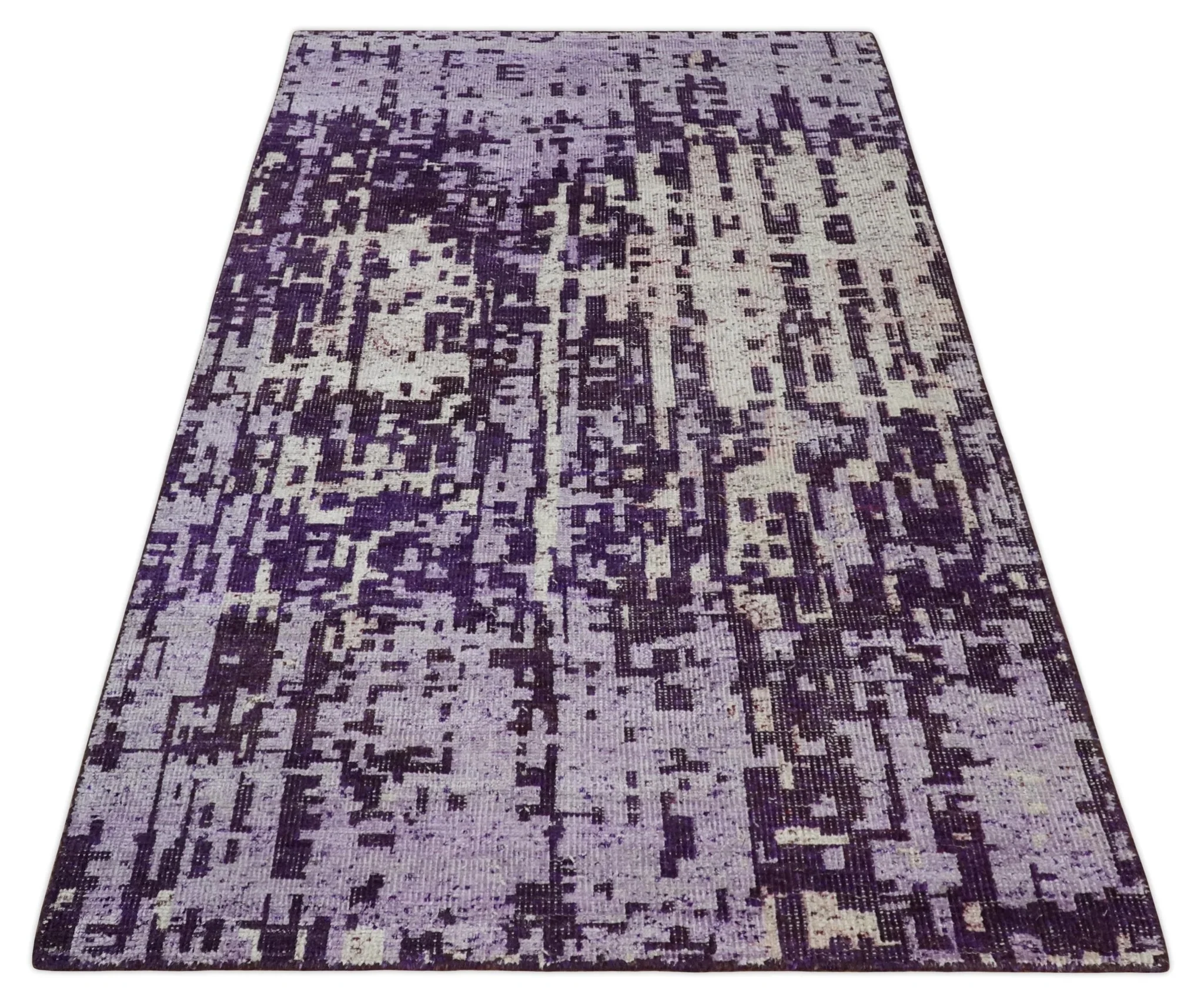 Hand Knotted 5x8 Purple, Violet and Ivory Modern Abstract Contemporary Recycled Silk Area Rug | OP131 - Image 11