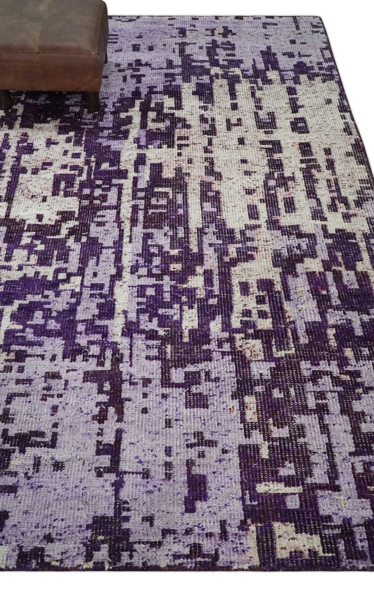 Hand Knotted 5x8 Purple, Violet and Ivory Modern Abstract Contemporary Recycled Silk Area Rug | OP131 - Image 5