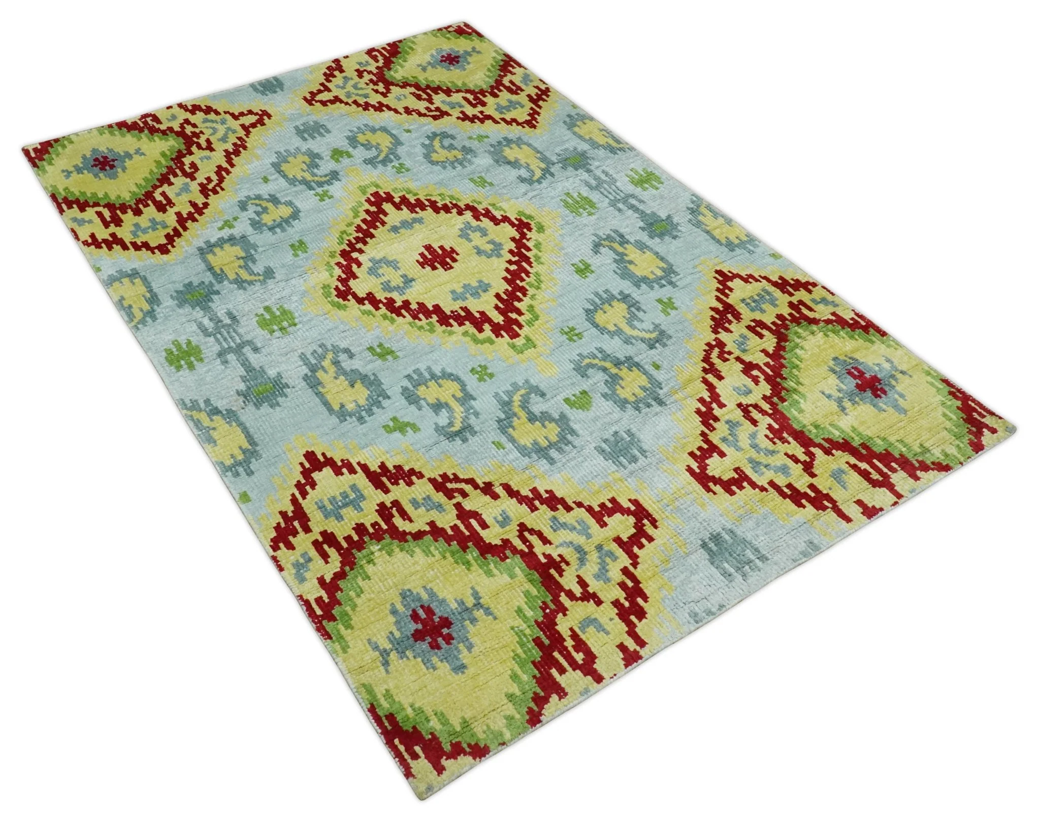 Hand Knotted 4.5x6.5 Silver, Mustard and Red Persian made of Recycled Silk Area Rug | OP129 - Image 10