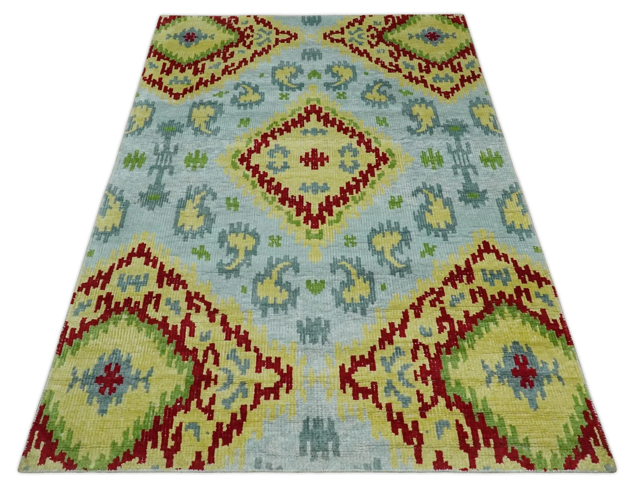 Hand Knotted 4.5x6.5 Silver, Mustard and Red Persian made of Recycled Silk Area Rug | OP129 - Image 11
