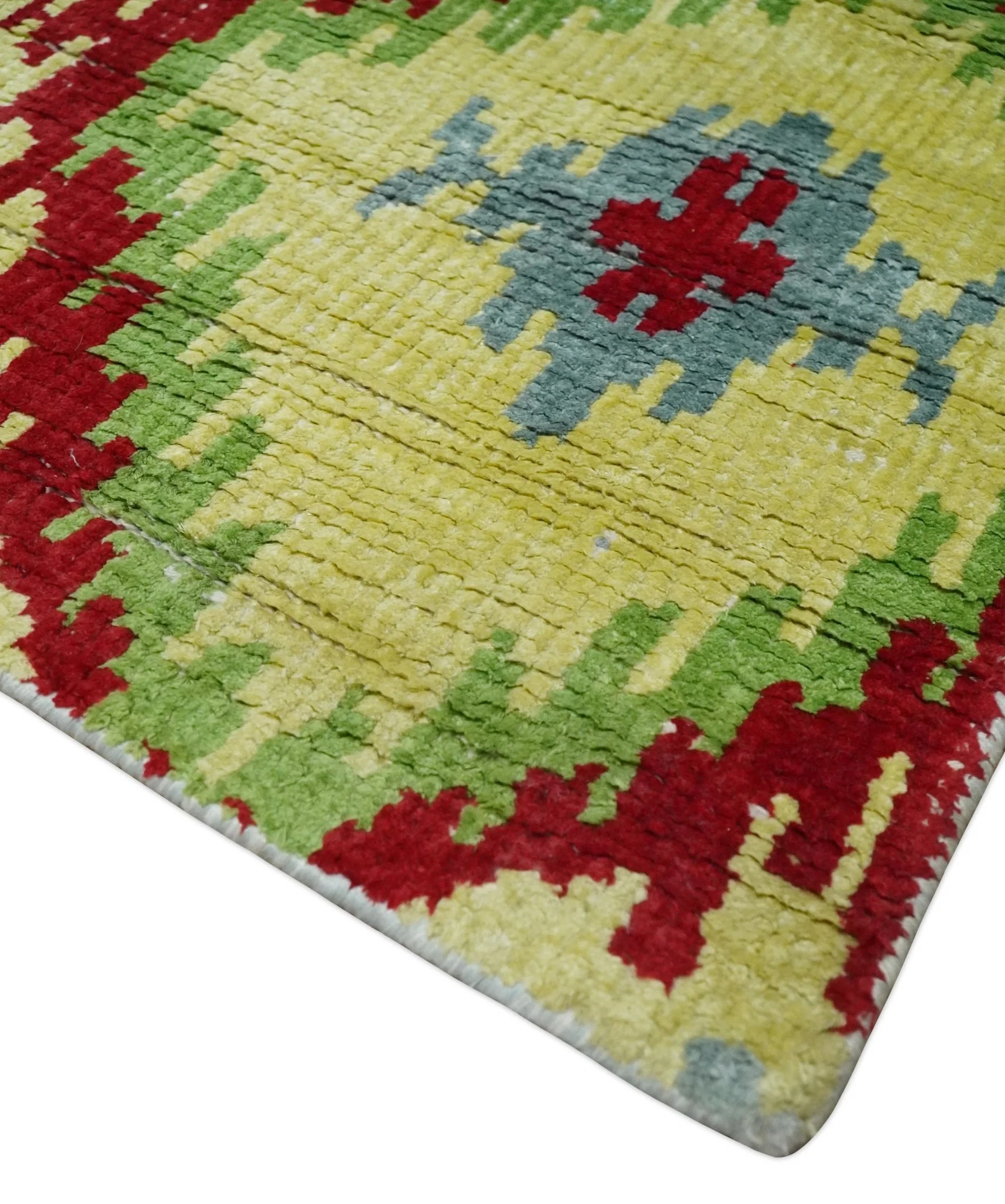 Hand Knotted 4.5x6.5 Silver, Mustard and Red Persian made of Recycled Silk Area Rug | OP129 - Image 3