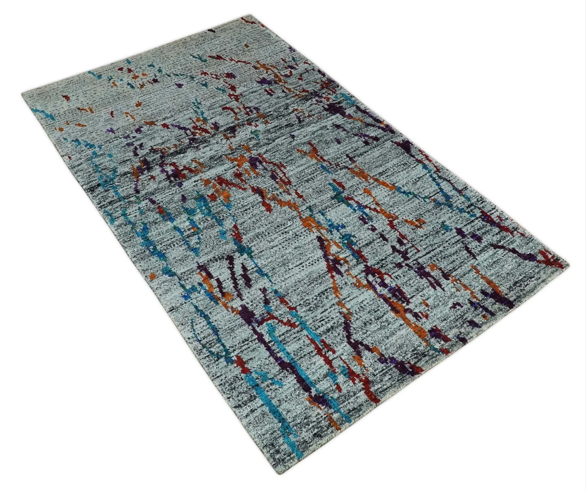 Hand Knotted 5x8 Silver, Red and Gold Modern Abstract Contemporary Recycled Silk Area Rug | OP93 - Image 10