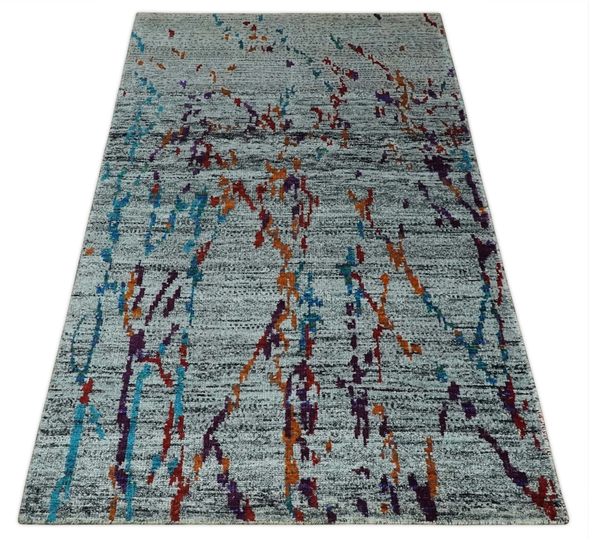 Hand Knotted 5x8 Silver, Red and Gold Modern Abstract Contemporary Recycled Silk Area Rug | OP93 - Image 11