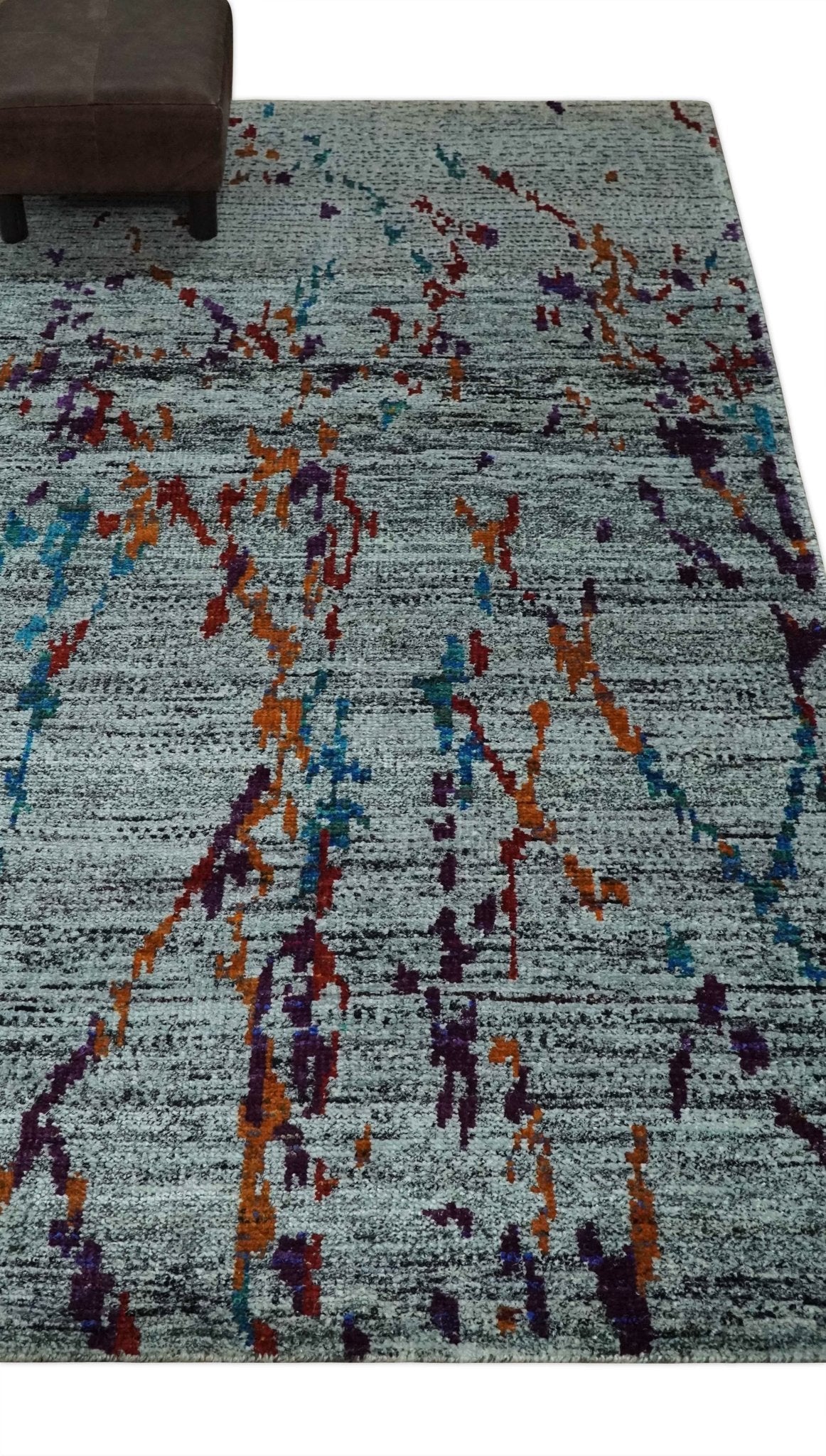 Hand Knotted 5x8 Silver, Red and Gold Modern Abstract Contemporary Recycled Silk Area Rug | OP93 - Image 3