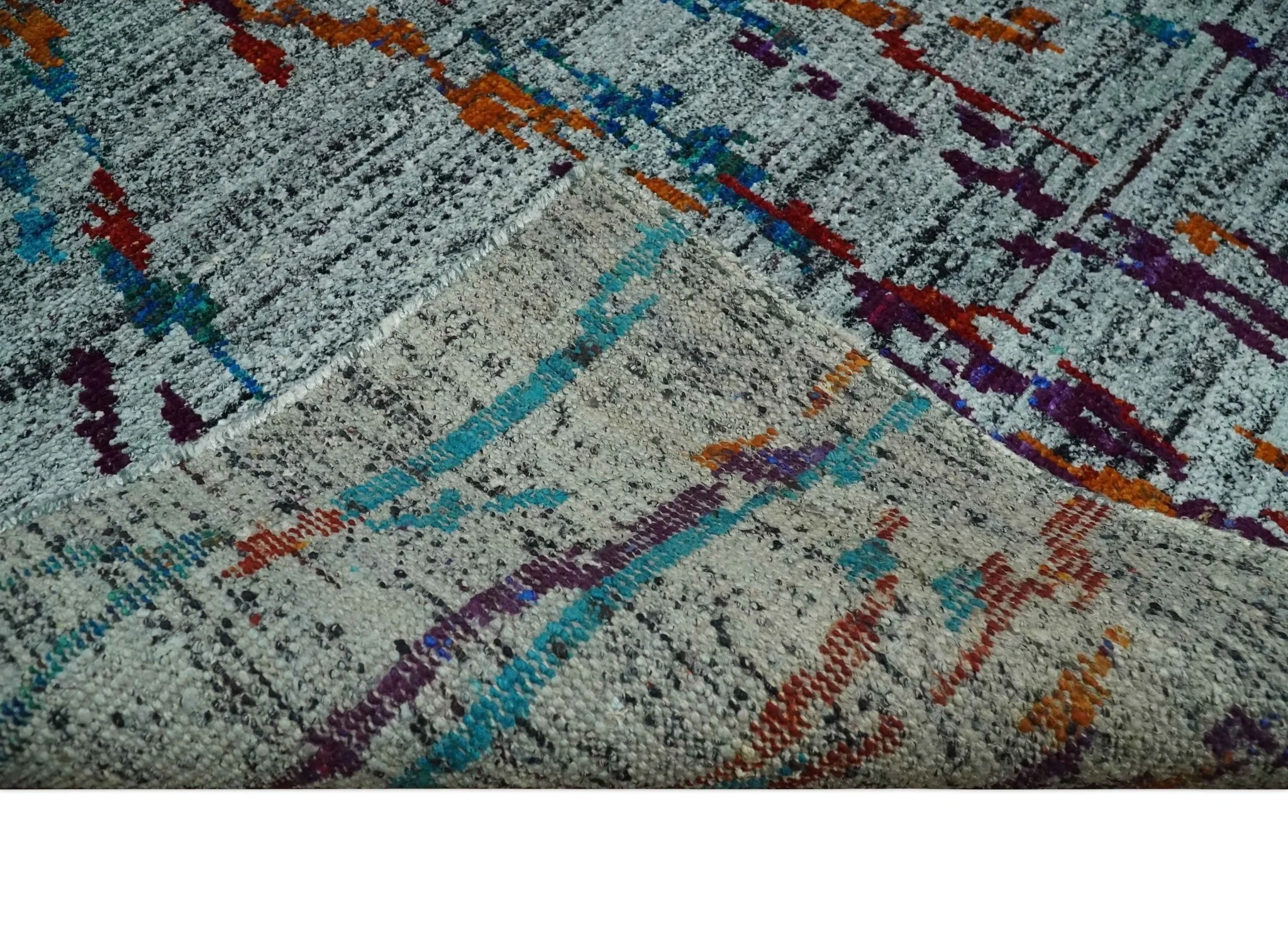 Hand Knotted 5x8 Silver, Red and Gold Modern Abstract Contemporary Recycled Silk Area Rug | OP93 - Image 7
