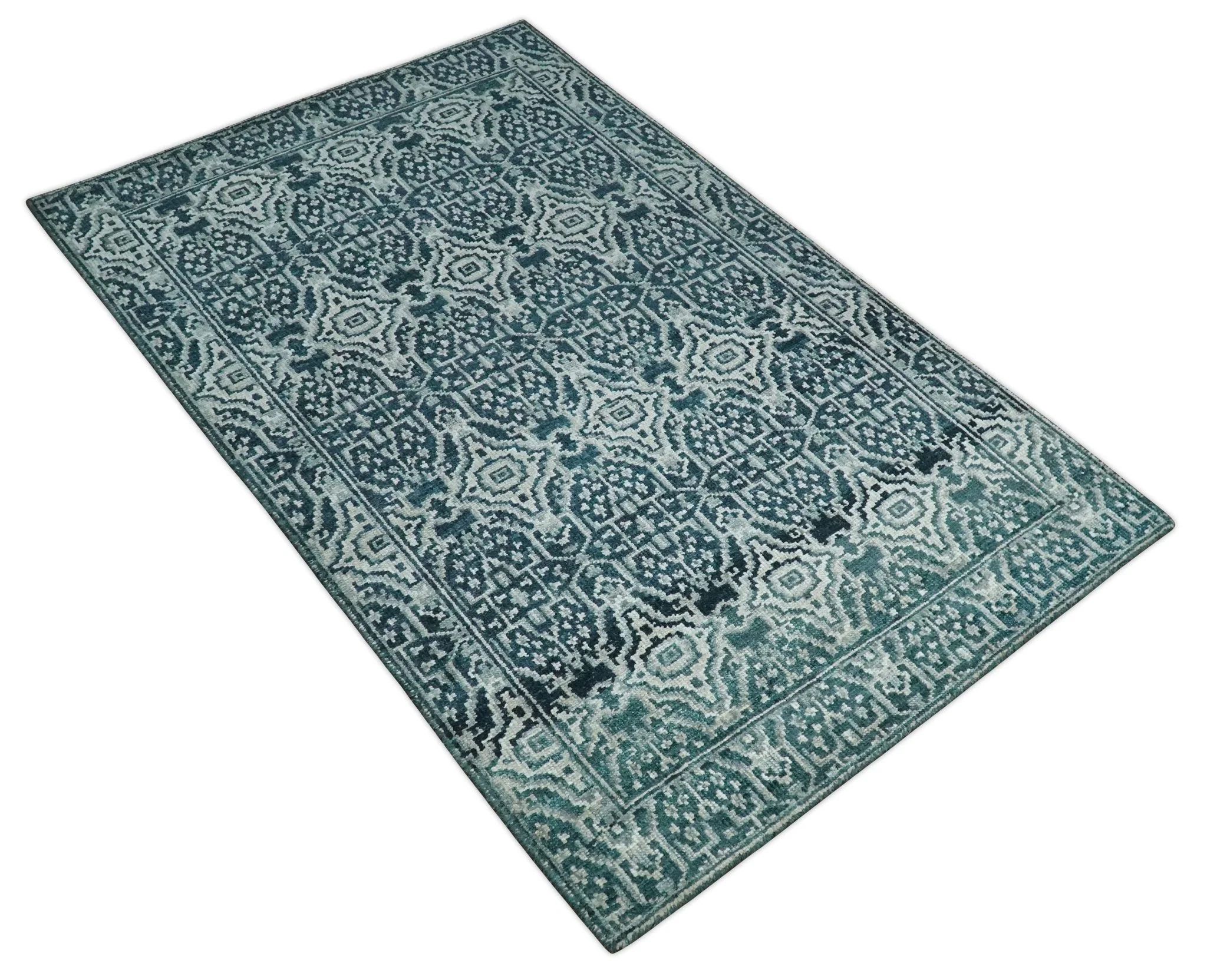 Hand Knotted 5x8 Teal and Ivory Modern Persian Contemporary Southwestern Tribal Trellis Recycled Silk Area Rug | OP97 - Image 10