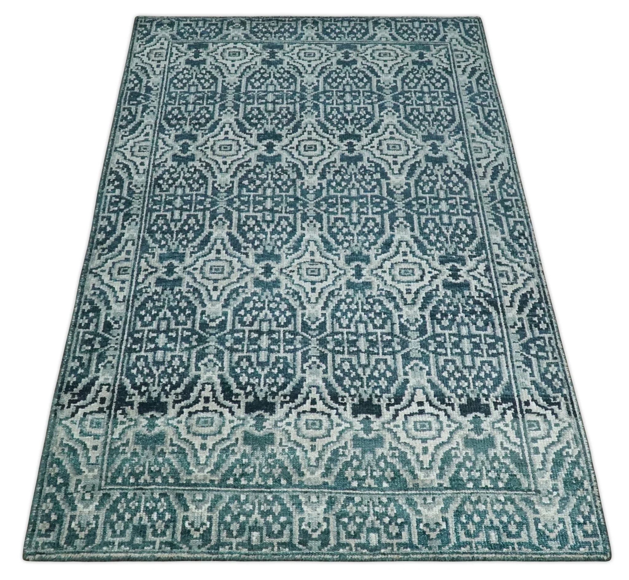 Hand Knotted 5x8 Teal and Ivory Modern Persian Contemporary Southwestern Tribal Trellis Recycled Silk Area Rug | OP97 - Image 11