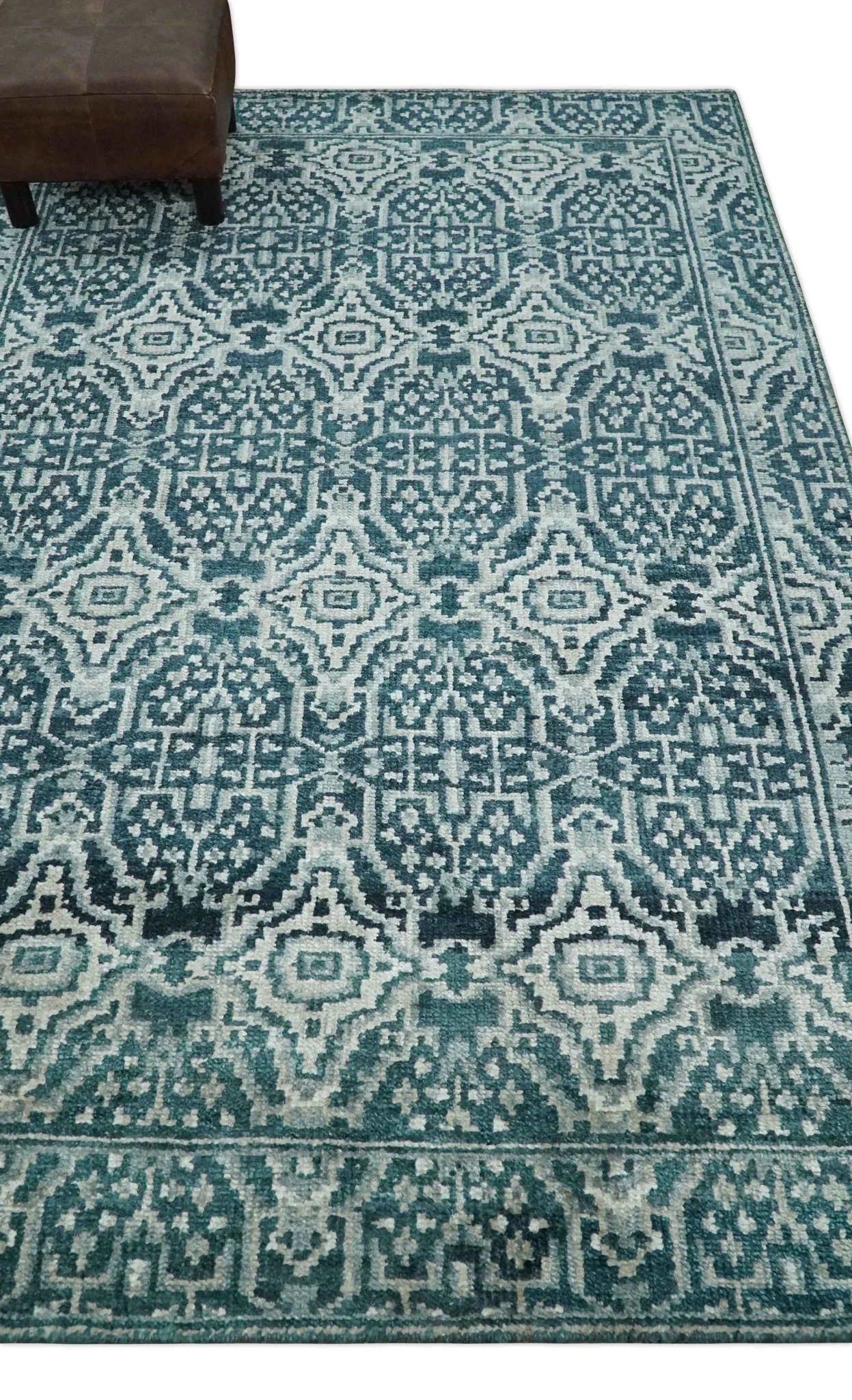 Hand Knotted 5x8 Teal and Ivory Modern Persian Contemporary Southwestern Tribal Trellis Recycled Silk Area Rug | OP97 - Image 3