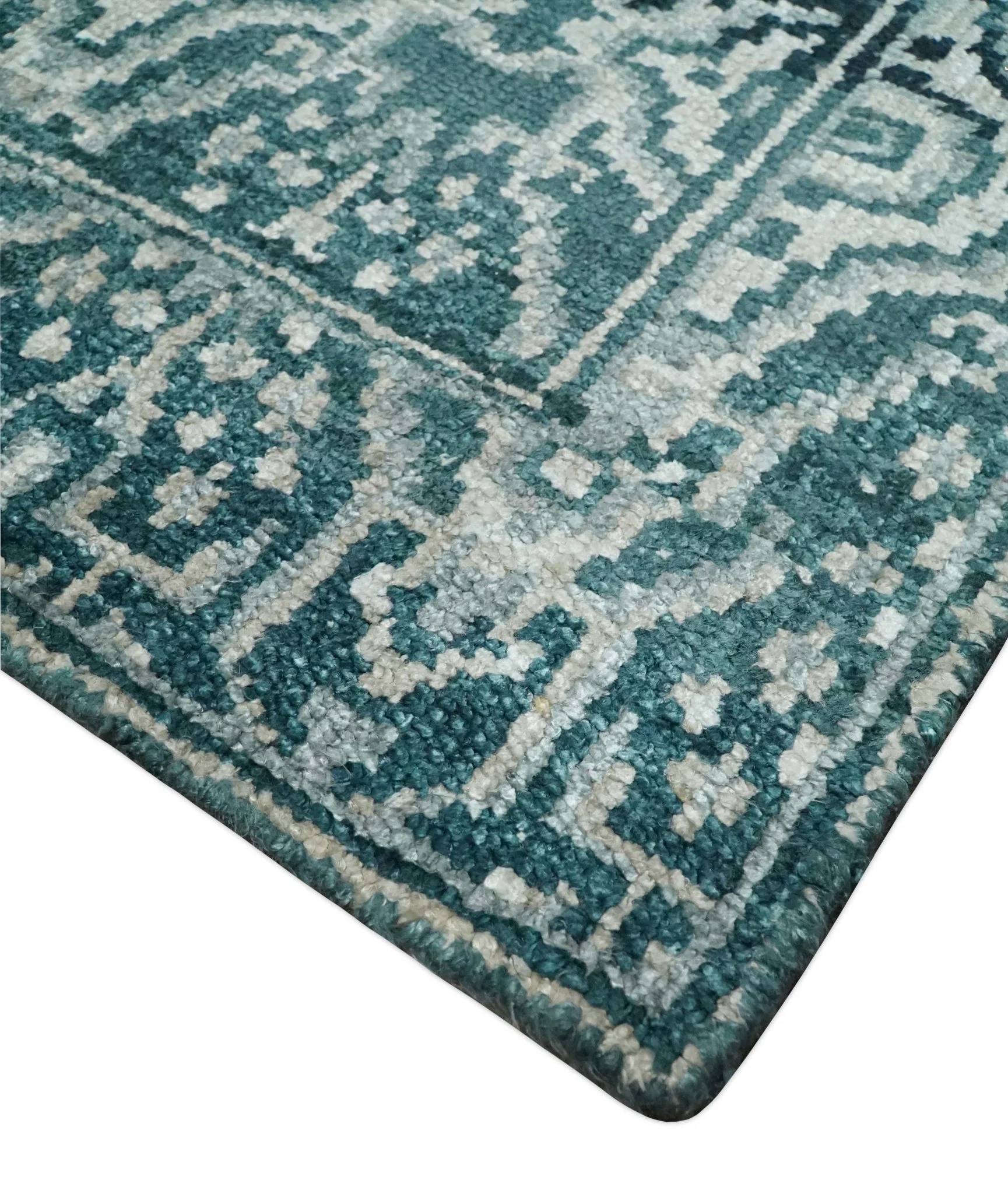Hand Knotted 5x8 Teal and Ivory Modern Persian Contemporary Southwestern Tribal Trellis Recycled Silk Area Rug | OP97 - Image 5