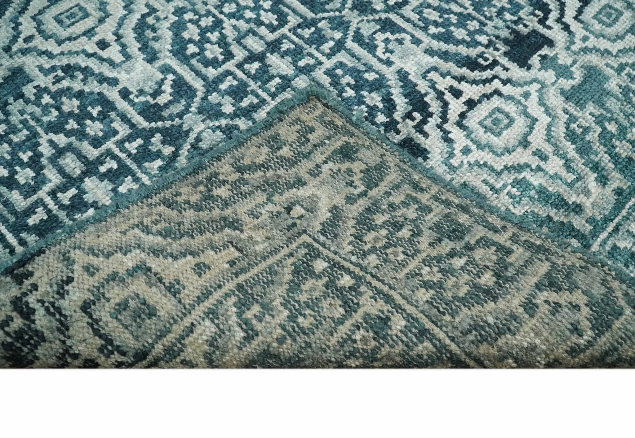 Hand Knotted 5x8 Teal and Ivory Modern Persian Contemporary Southwestern Tribal Trellis Recycled Silk Area Rug | OP97 - Image 7
