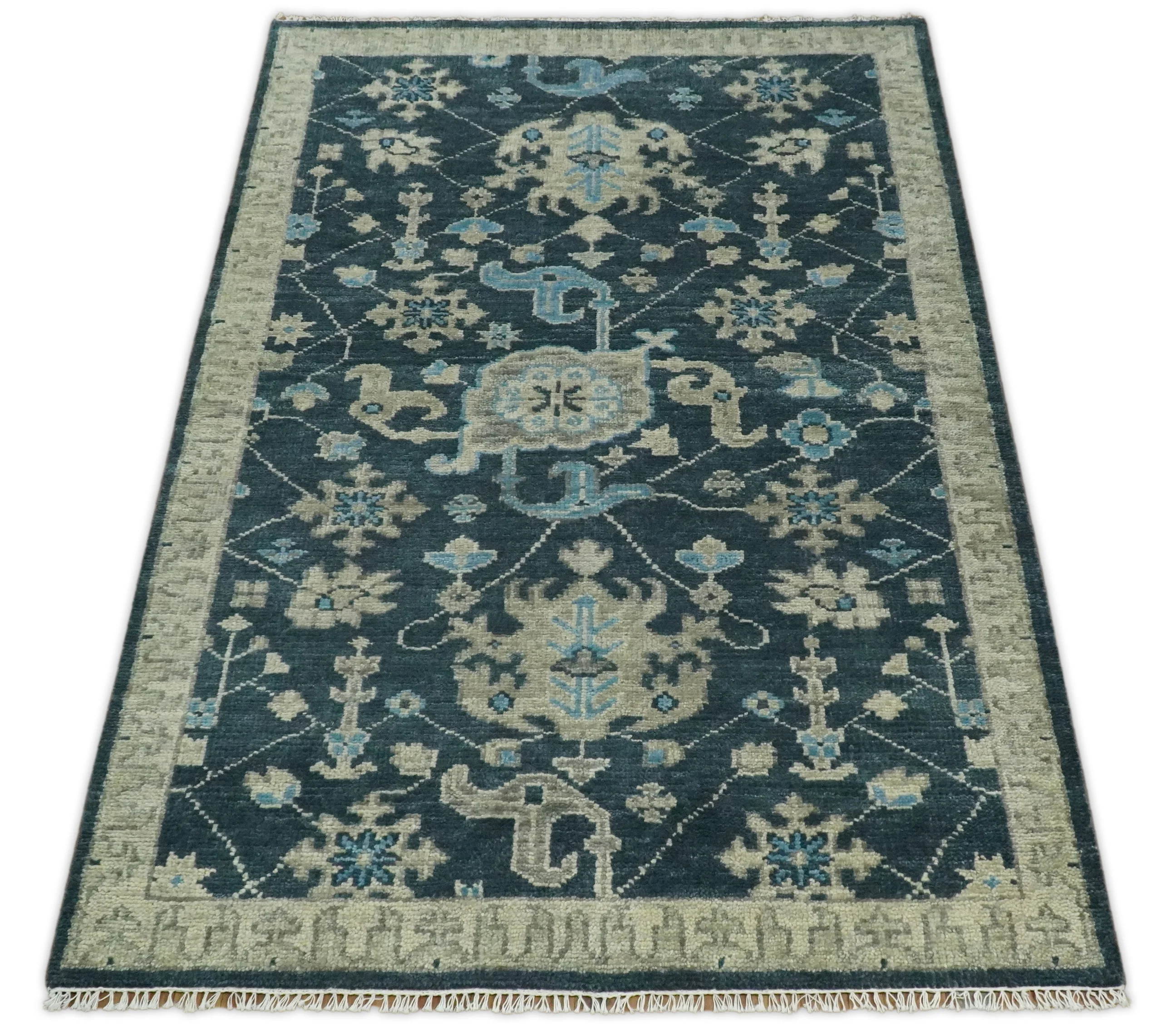 Hand Knotted 5x8 Vintage Oriental Oushak Blue and Camel Wool Area Rug | TRDCP8B - Image 10