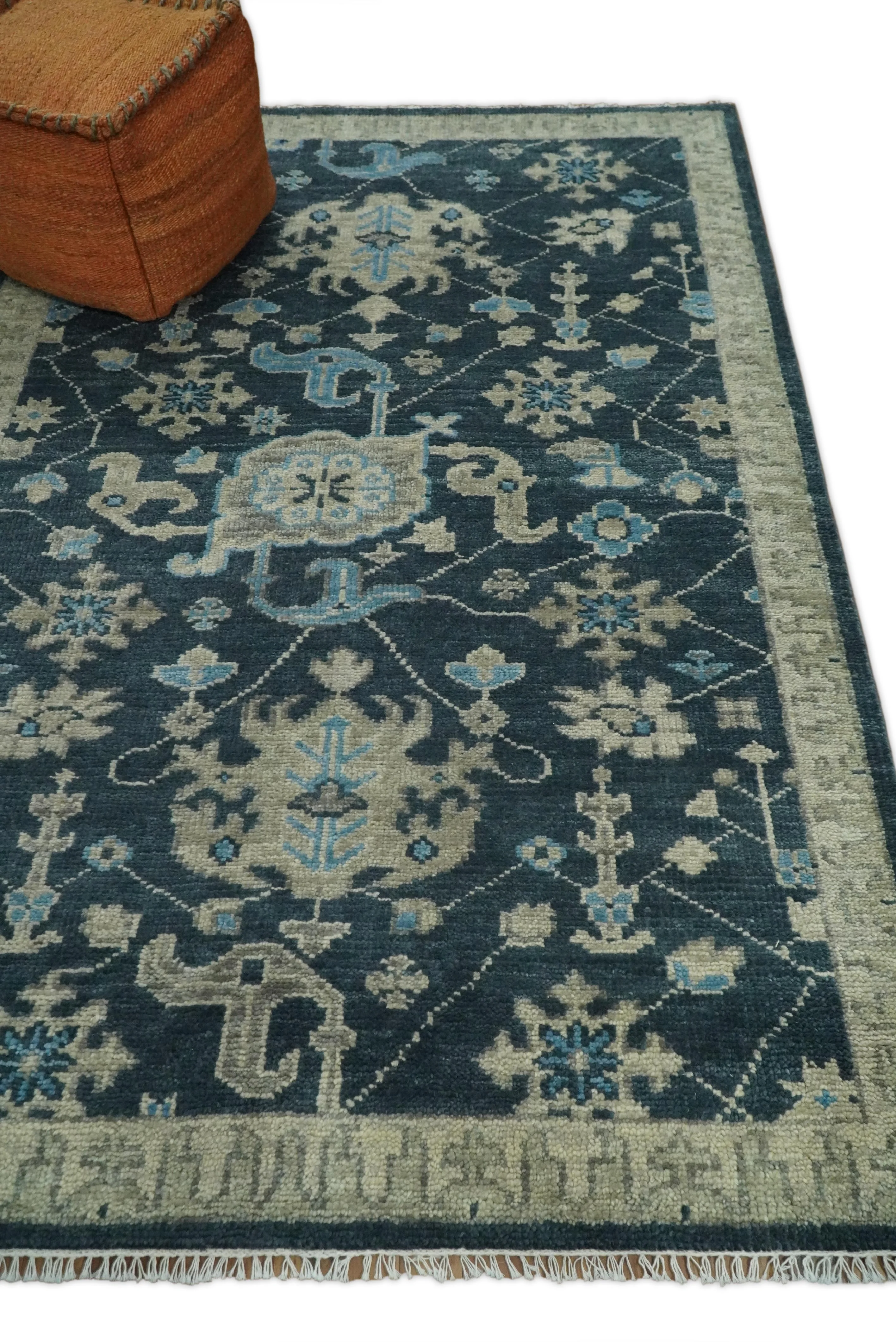 Hand Knotted 5x8 Vintage Oriental Oushak Blue and Camel Wool Area Rug | TRDCP8B - Image 6