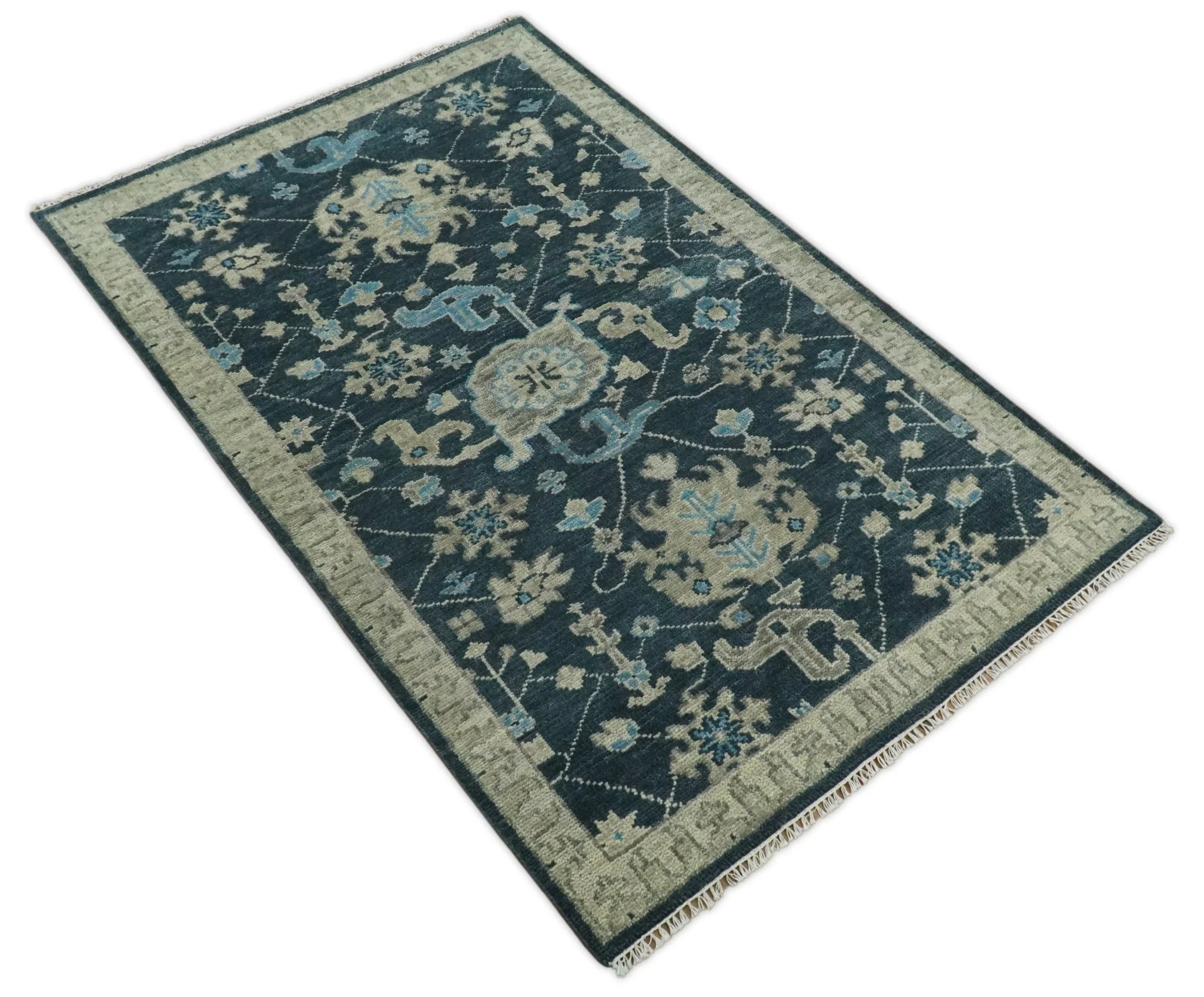 Hand Knotted 5x8 Vintage Oriental Oushak Blue and Camel Wool Area Rug | TRDCP8B - Image 9
