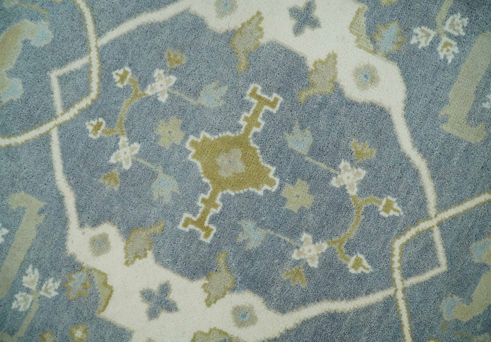 Hand Knotted 6x6 Square Oriental Oushak Ivory, Charcoal and olive Wool Area Rug - Image 4
