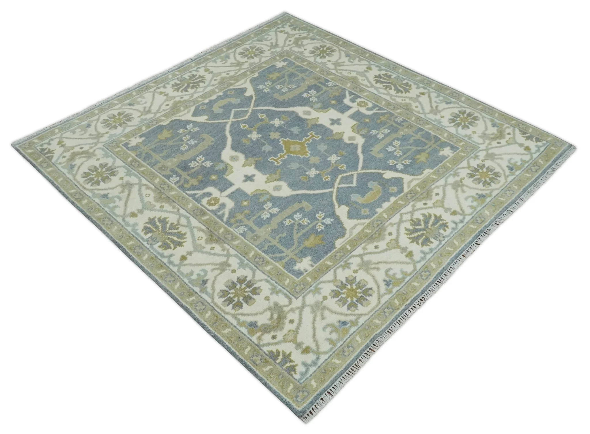 Hand Knotted 6x6 Square Oriental Oushak Ivory, Charcoal and olive Wool Area Rug - Image 9
