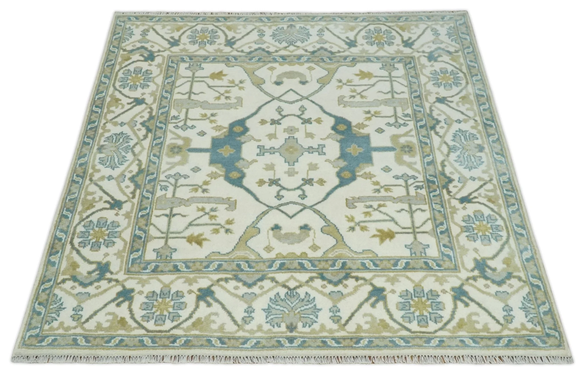 Hand Knotted 6x6 Square Oriental Oushak Ivory, Teal and Beige Wool Area Rug - Image 10