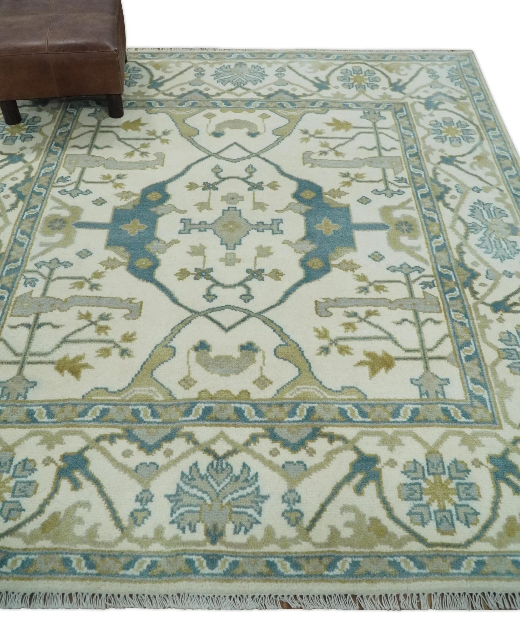 Hand Knotted 6x6 Square Oriental Oushak Ivory, Teal and Beige Wool Area Rug - Image 3