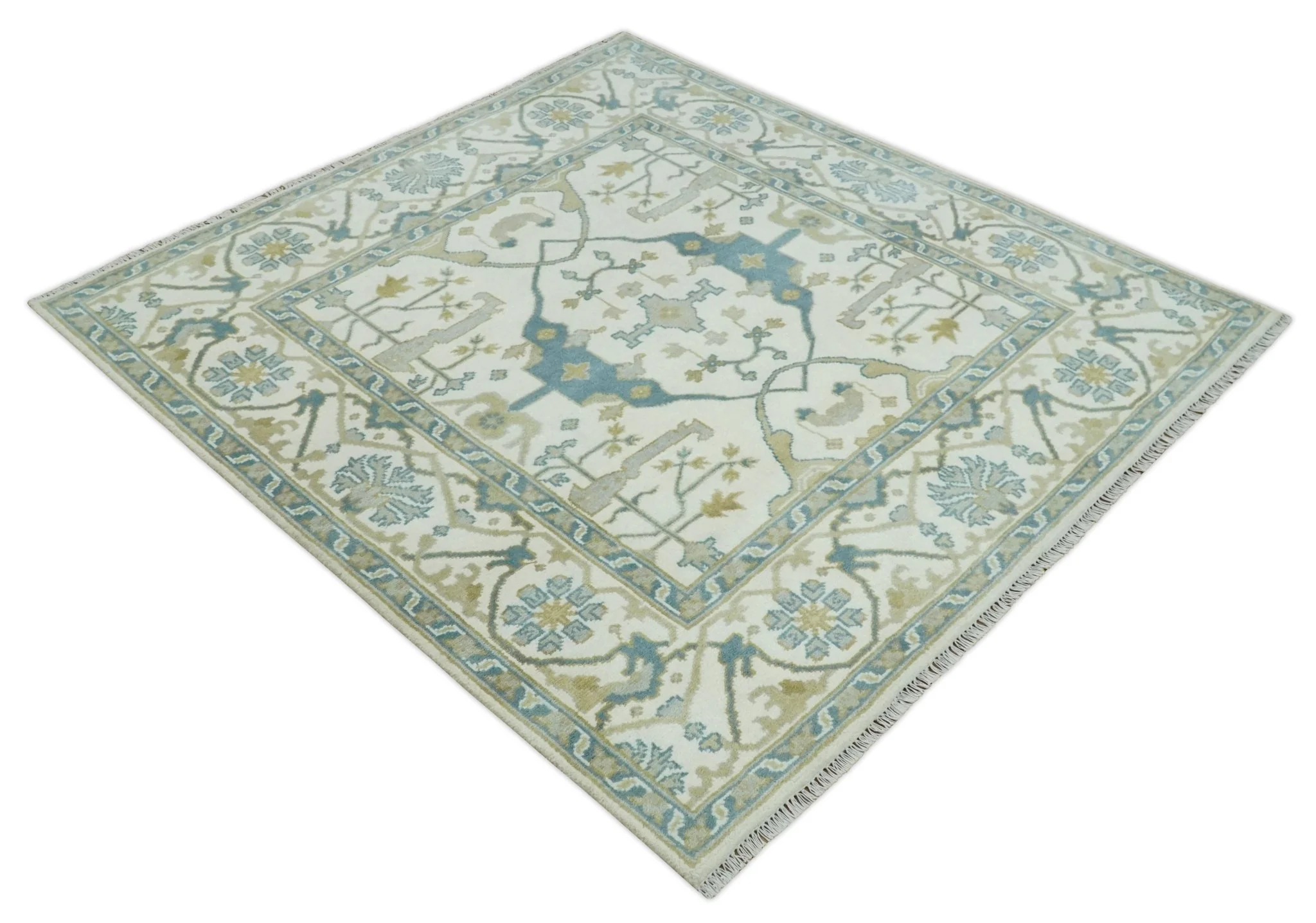 Hand Knotted 6x6 Square Oriental Oushak Ivory, Teal and Beige Wool Area Rug - Image 9