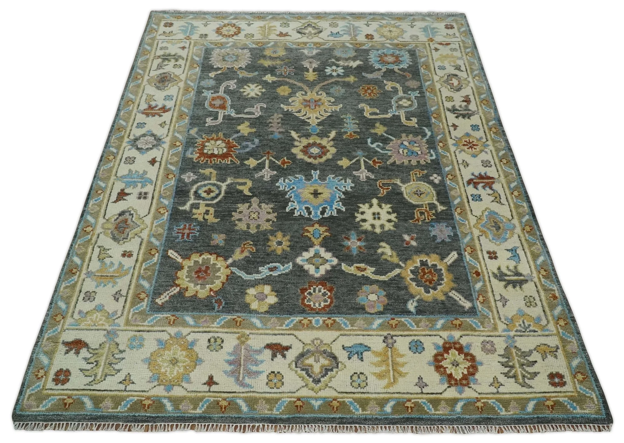 Hand Knotted Gray, Ivory and Olive Traditional Oushak Multi Size Wool Area Rug - Image 11