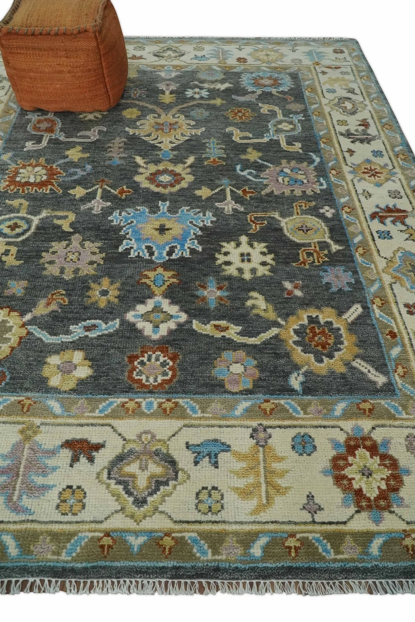 Hand Knotted Gray, Ivory and Olive Traditional Oushak Multi Size Wool Area Rug - Image 3