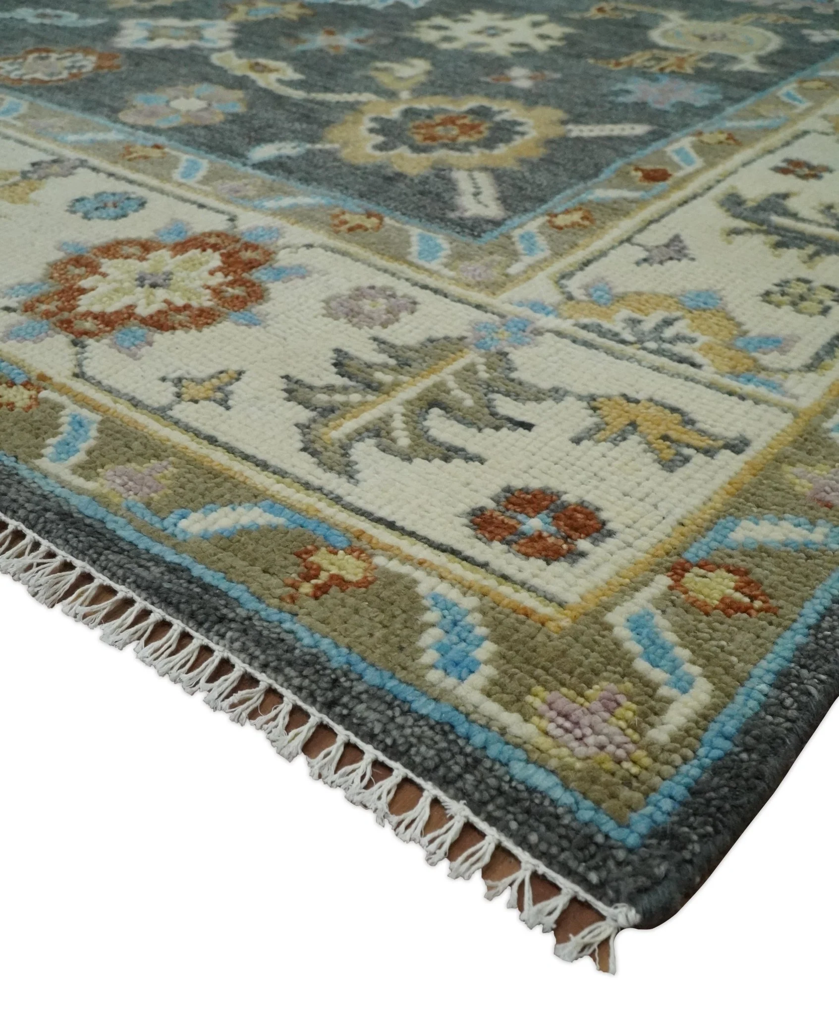 Hand Knotted Gray, Ivory and Olive Traditional Oushak Multi Size Wool Area Rug - Image 5