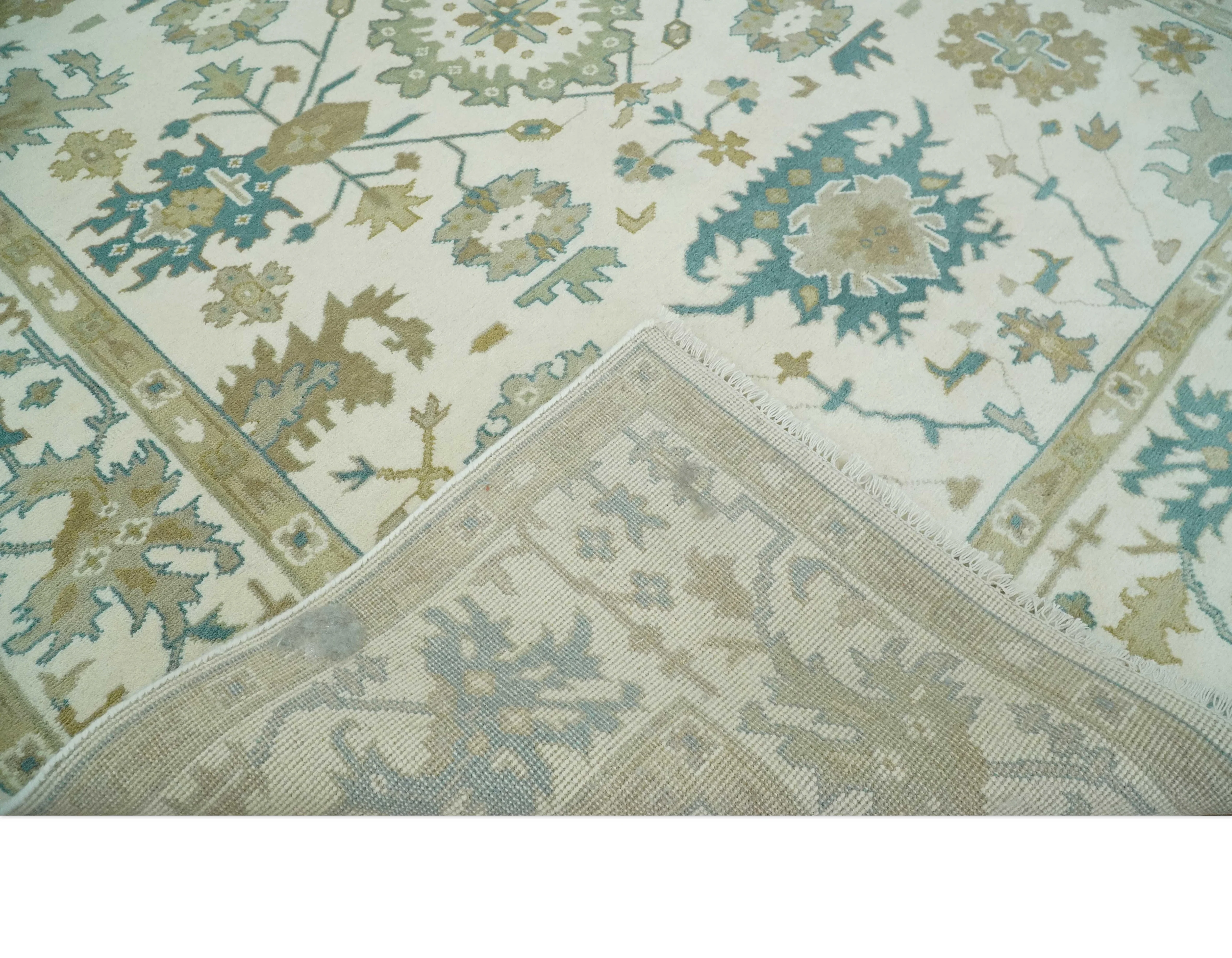 Hand Knotted Ivory, Beige and Teal Antique look Traditional Oushak Multi Size Wool Area Rug - Image 8