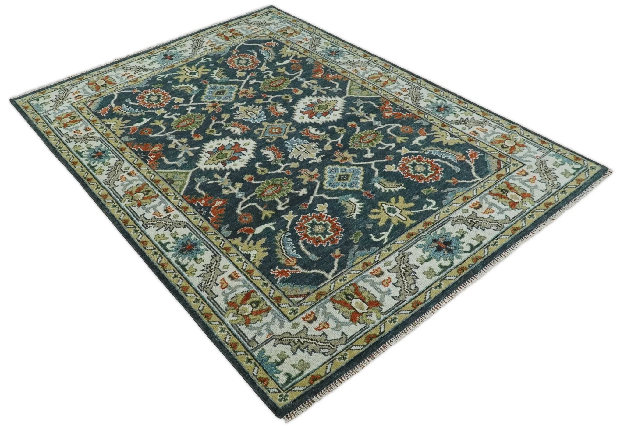 Teal and Ivory Traditional Hand Knotted Oriental Oushak Custom Made Wool Area Rug - Image 10