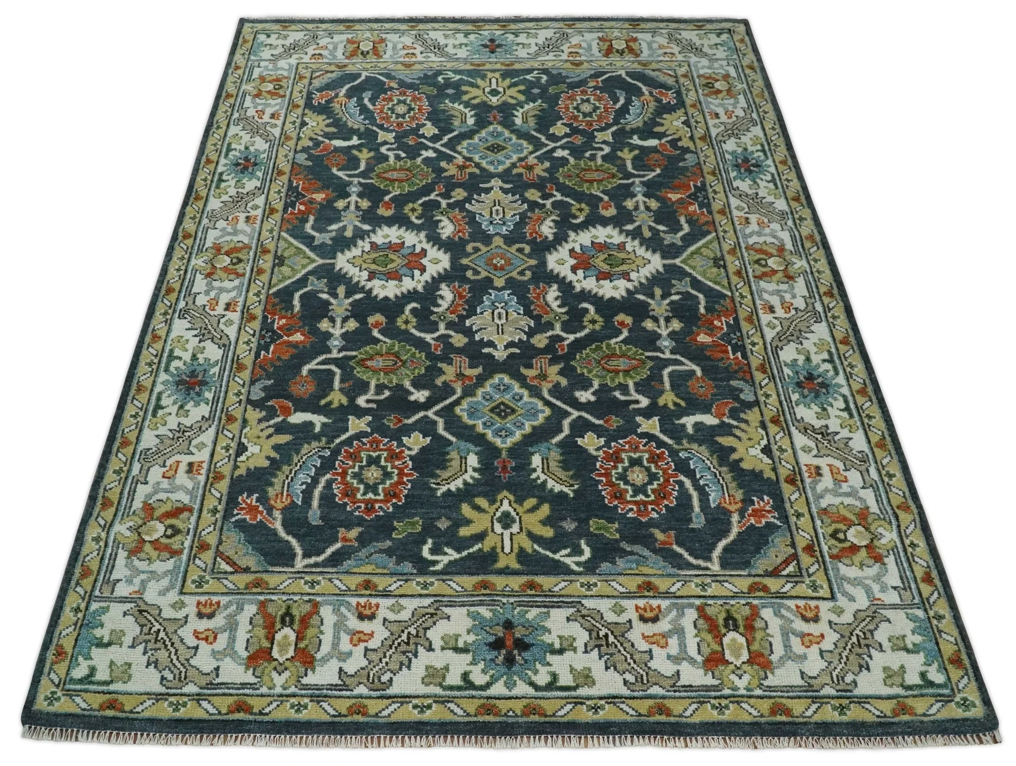 Teal and Ivory Traditional Hand Knotted Oriental Oushak Custom Made Wool Area Rug - Image 11