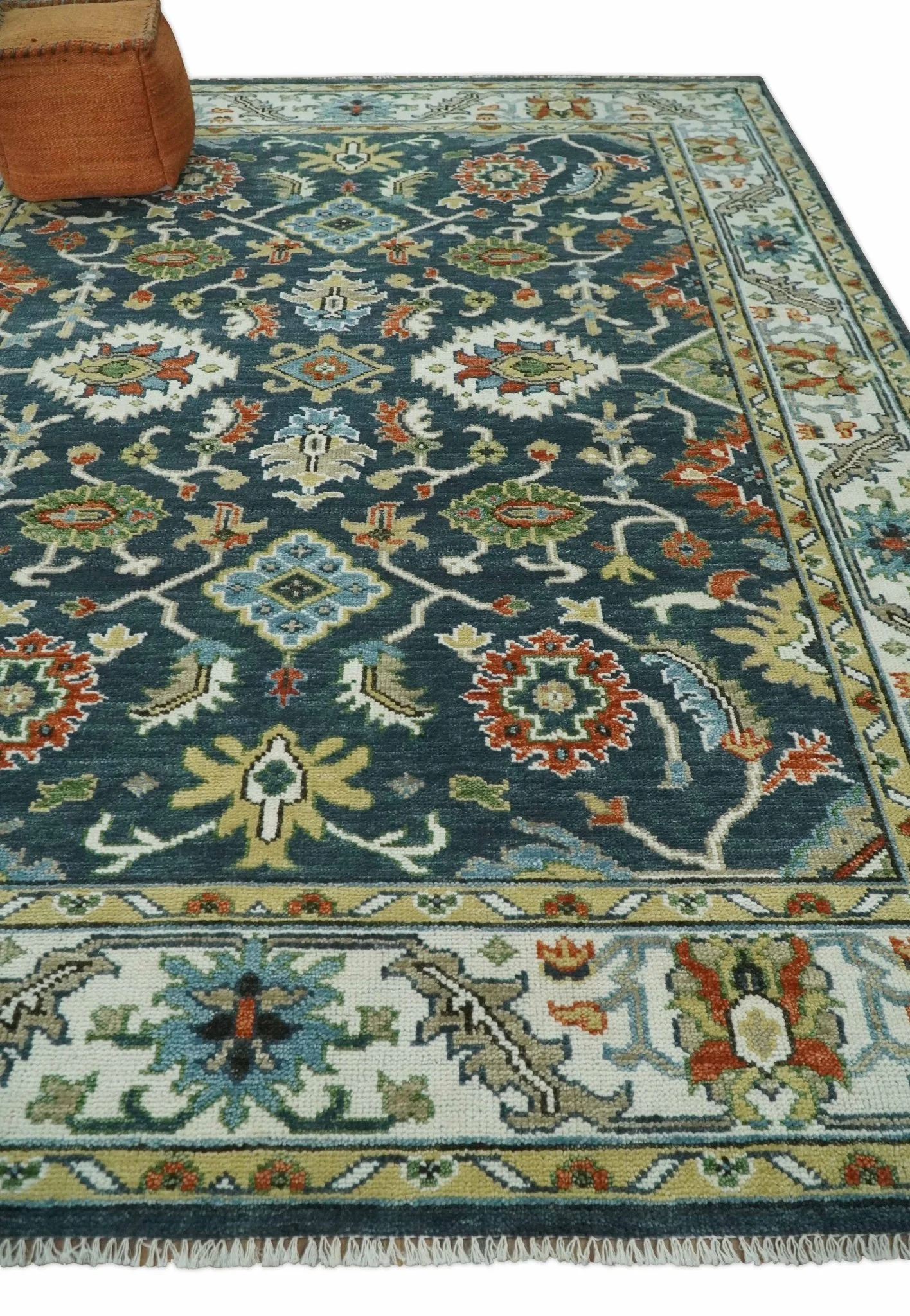Teal and Ivory Traditional Hand Knotted Oriental Oushak Custom Made Wool Area Rug - Image 3