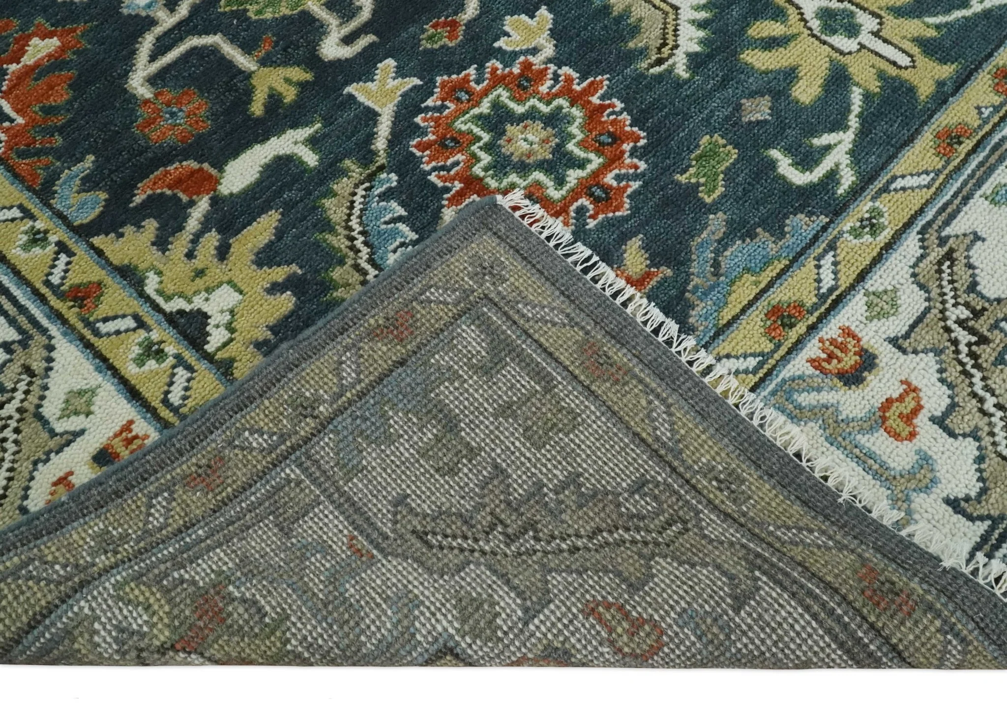 Teal and Ivory Traditional Hand Knotted Oriental Oushak Custom Made Wool Area Rug - Image 7