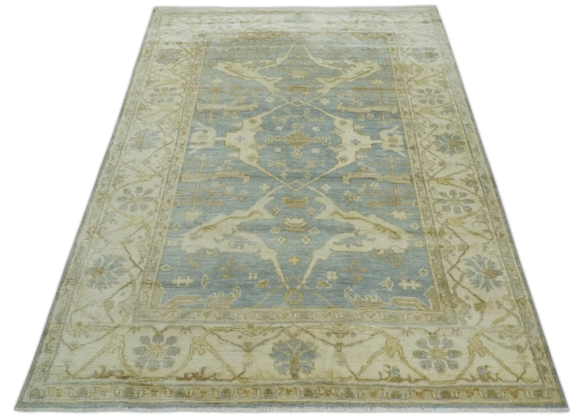 Hand Knotted 6x9 Oriental Oushak Silver and Beige Turkish Style Wool Area Rug - Image 10