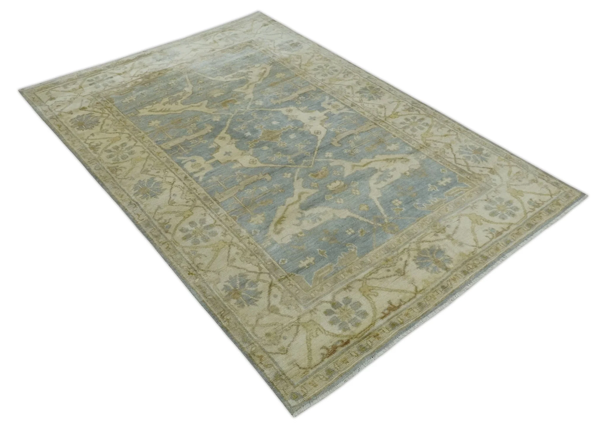 Hand Knotted 6x9 Oriental Oushak Silver and Beige Turkish Style Wool Area Rug - Image 9
