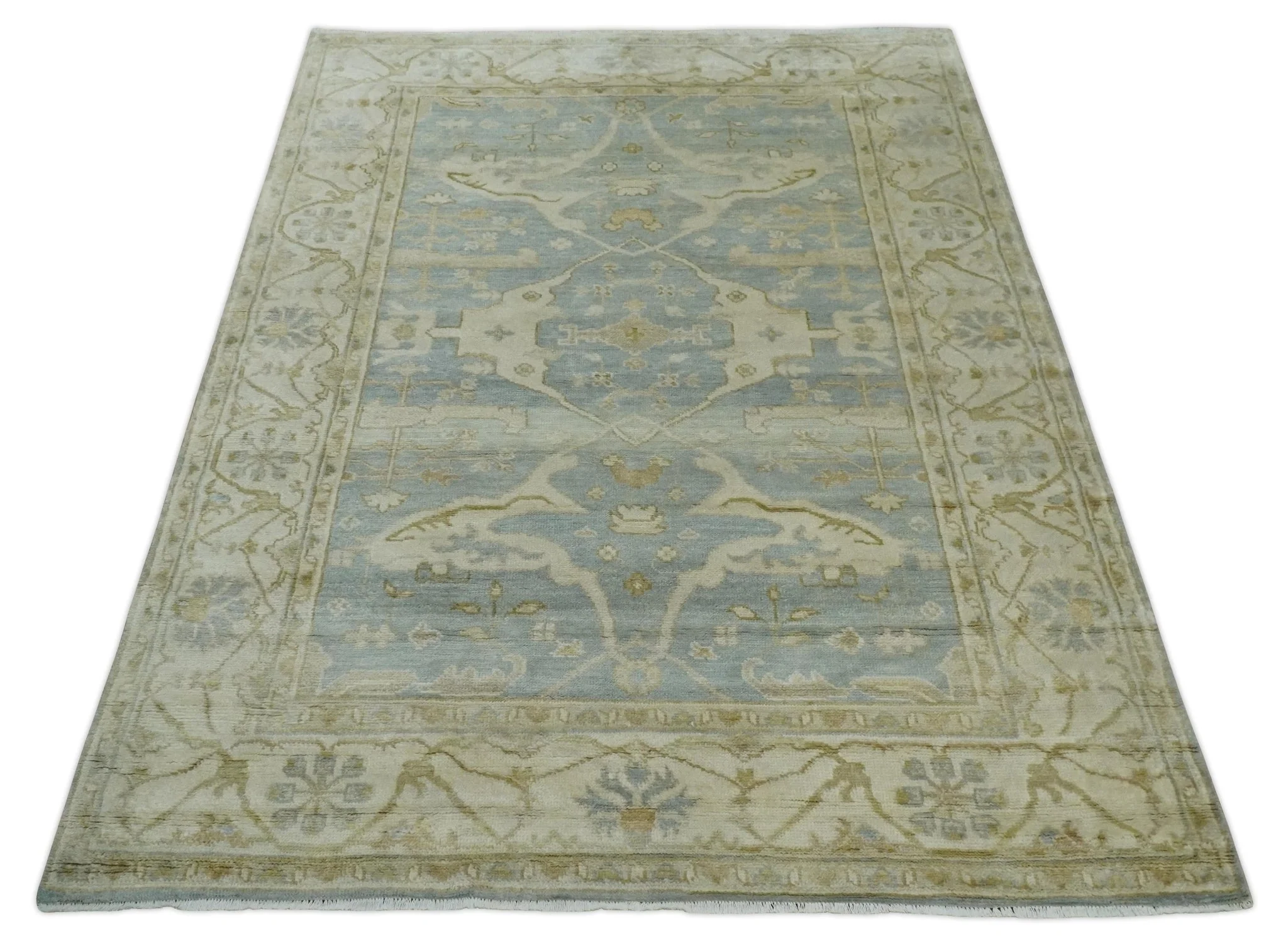 Hand Knotted 6x9 Oriental Oushak Turkish Style Silver and Beige Wool Area Rug - Image 10