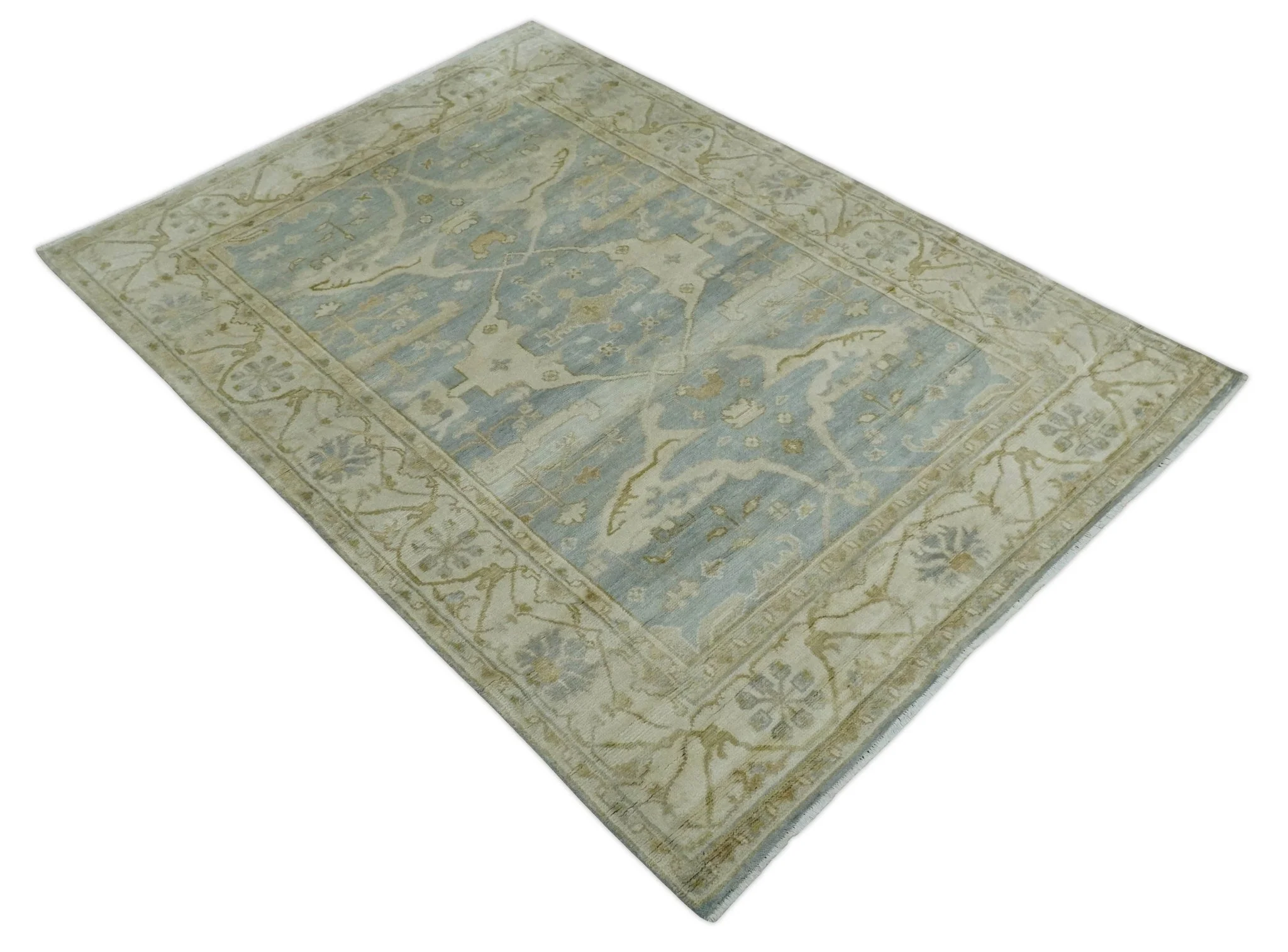 Hand Knotted 6x9 Oriental Oushak Turkish Style Silver and Beige Wool Area Rug - Image 9