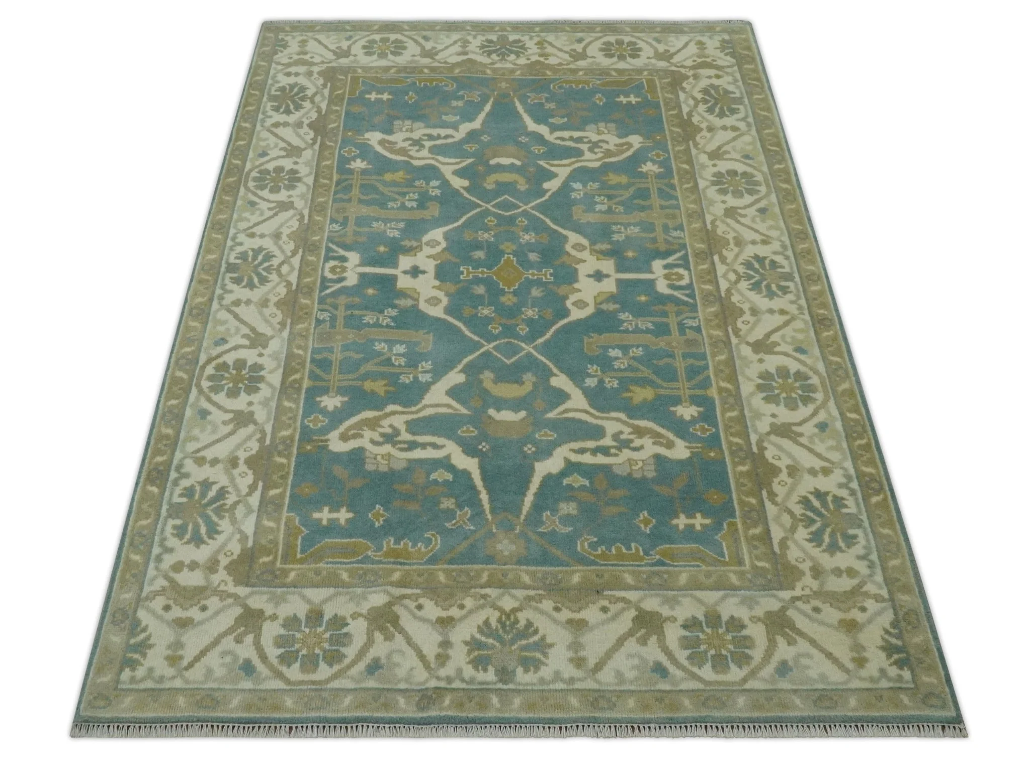 Hand Knotted 6x9 Teal, Ivory and Olive Traditional Oriental Oushak wool rug - Image 10