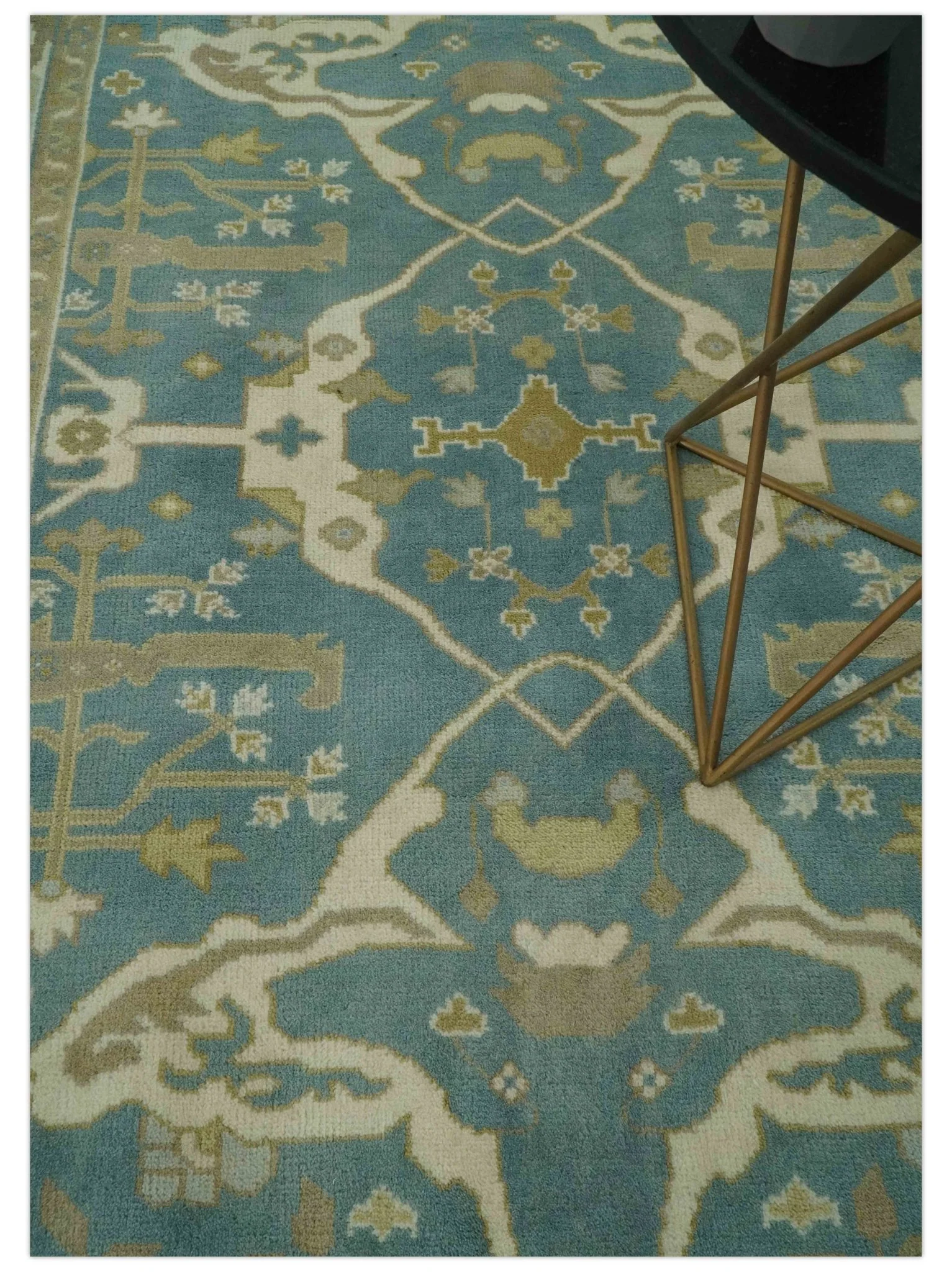 Hand Knotted 6x9 Teal, Ivory and Olive Traditional Oriental Oushak wool rug - Image 2