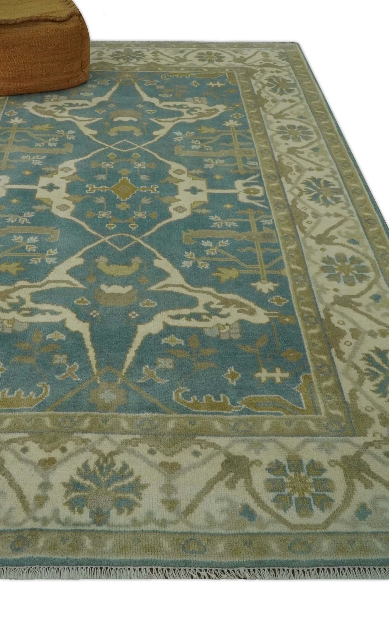 Hand Knotted 6x9 Teal, Ivory and Olive Traditional Oriental Oushak wool rug - Image 3